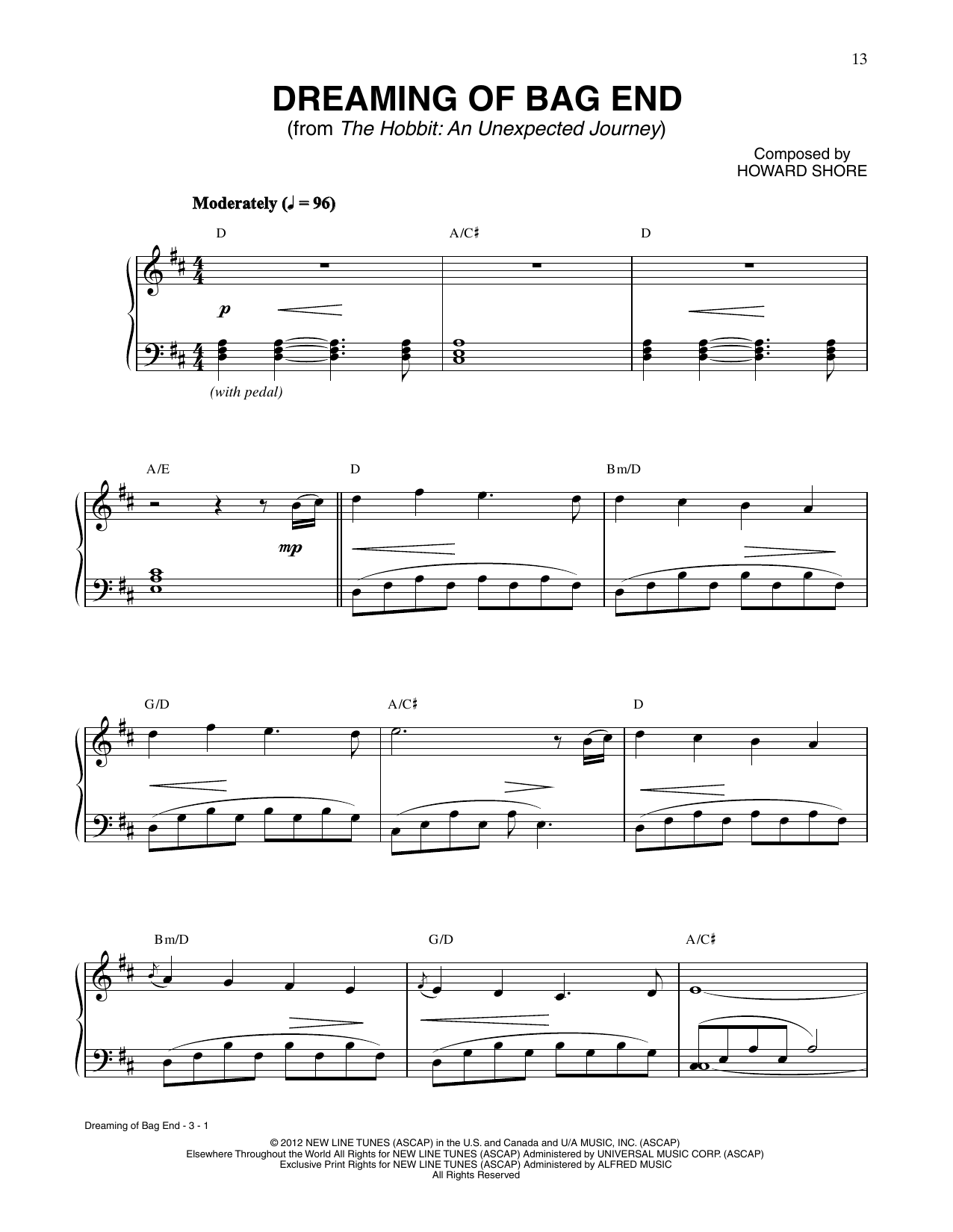 Download Howard Shore Dreaming Of Bag End (from The Hobbit: An Unexpected Journey) Sheet Music and learn how to play Piano Solo PDF digital score in minutes