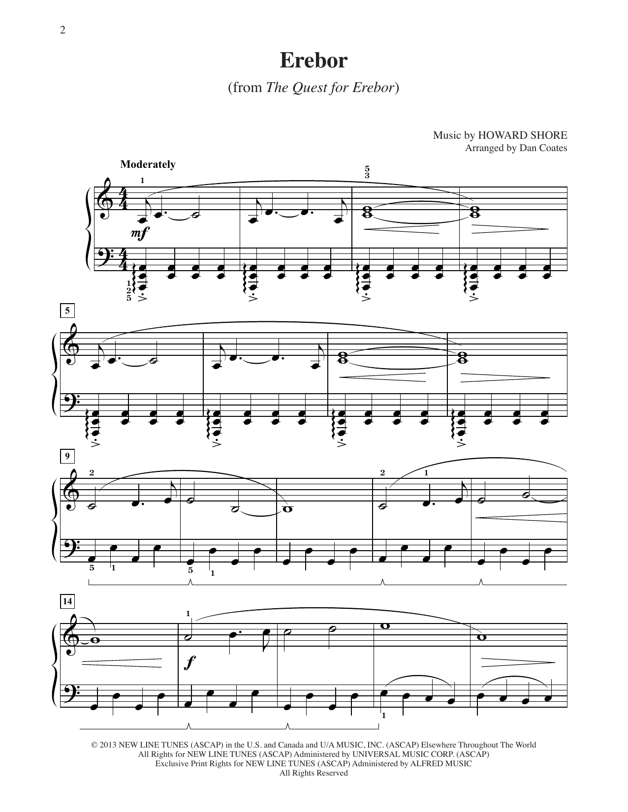 Download Howard Shore Erebor (from The Hobbit: The Desolation of Smaug) (arr. Dan Coates) Sheet Music and learn how to play Easy Piano PDF digital score in minutes