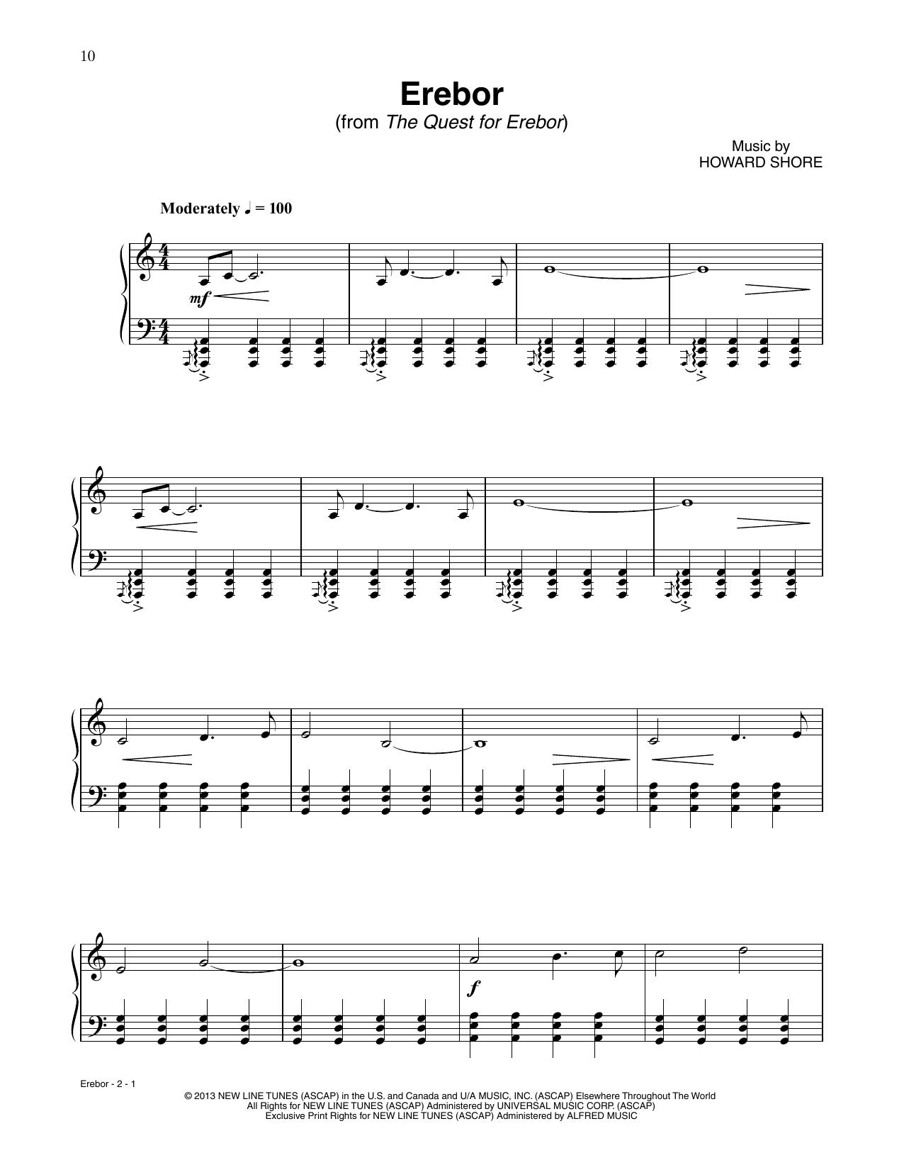 Download Howard Shore Erebor (from The Hobbit: The Desolation of Smaug) Sheet Music and learn how to play Piano Solo PDF digital score in minutes