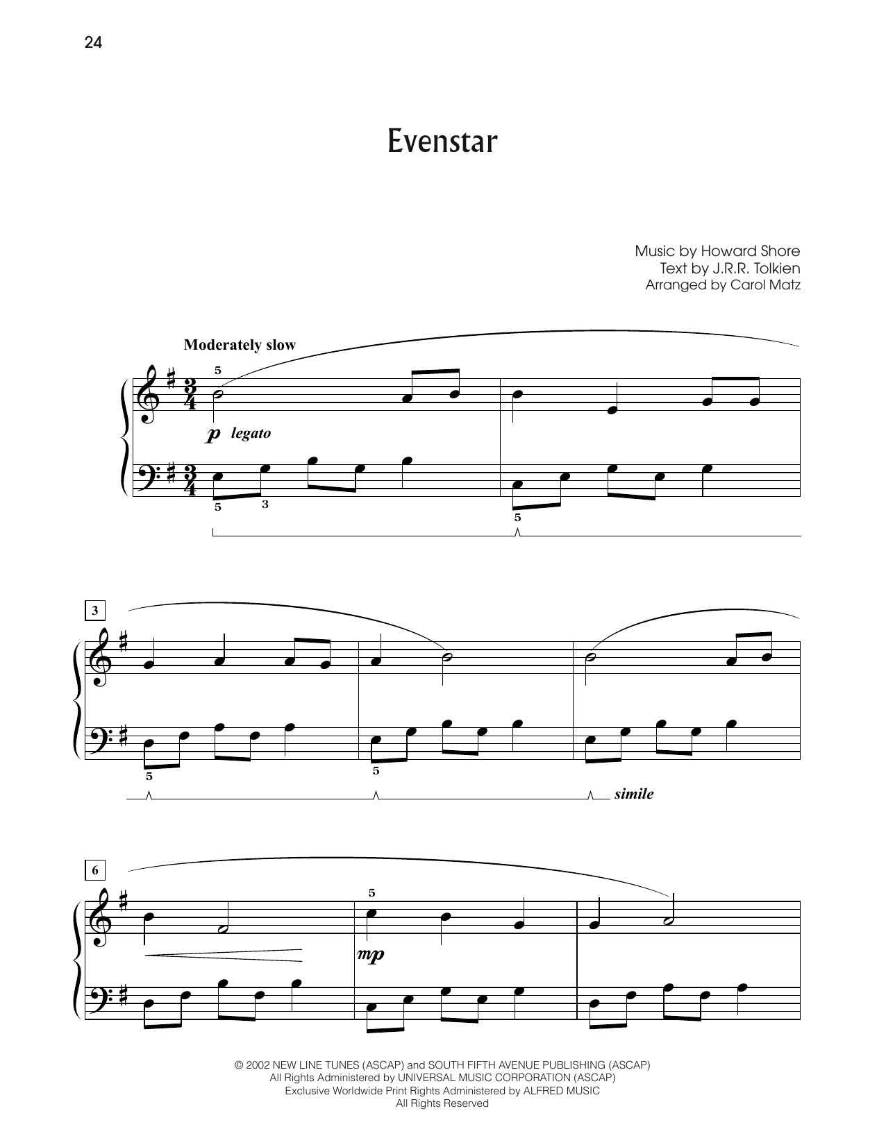 Download Howard Shore Evenstar (from The Lord Of The Rings: The Two Towers) (arr. Carol Matz) Sheet Music and learn how to play Big Note Piano PDF digital score in minutes