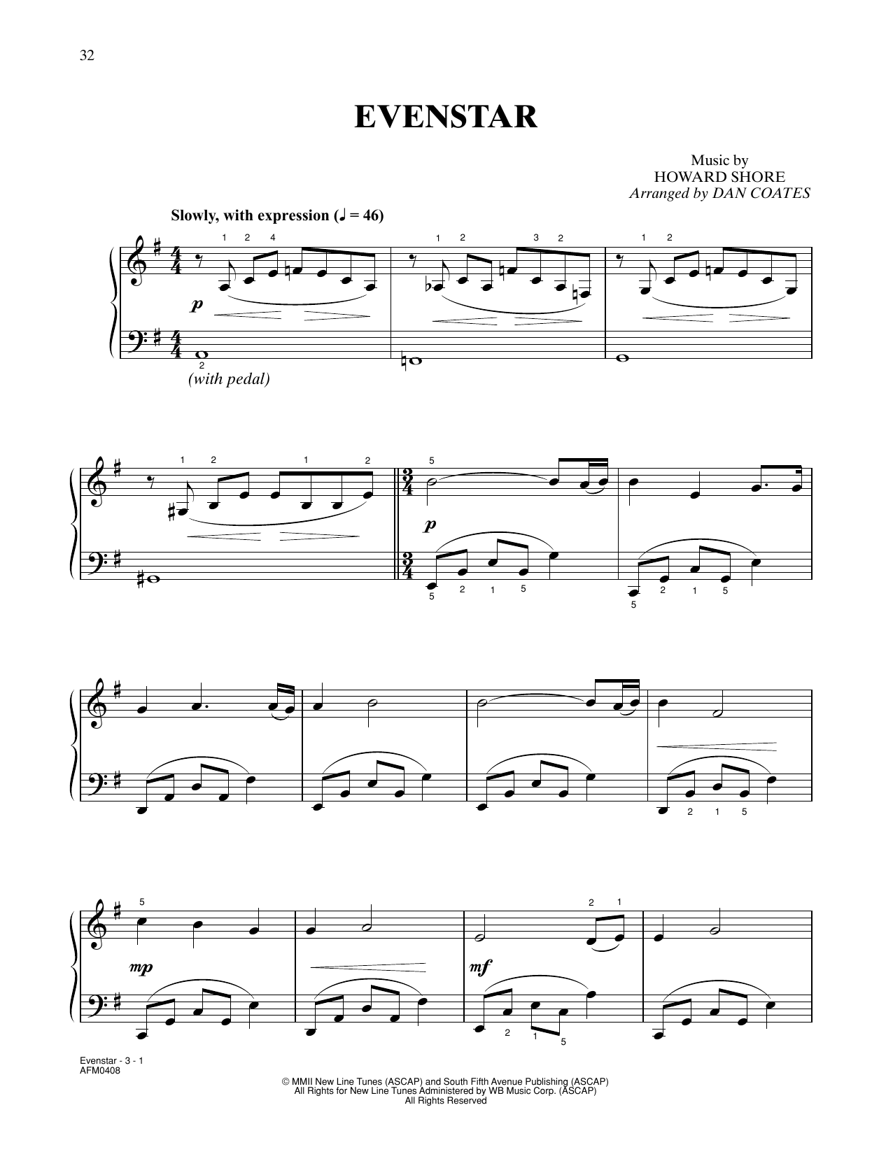 Download Howard Shore Evenstar (from The Lord Of The Rings: The Two Towers) (arr. Dan Coates) Sheet Music and learn how to play Easy Piano PDF digital score in minutes