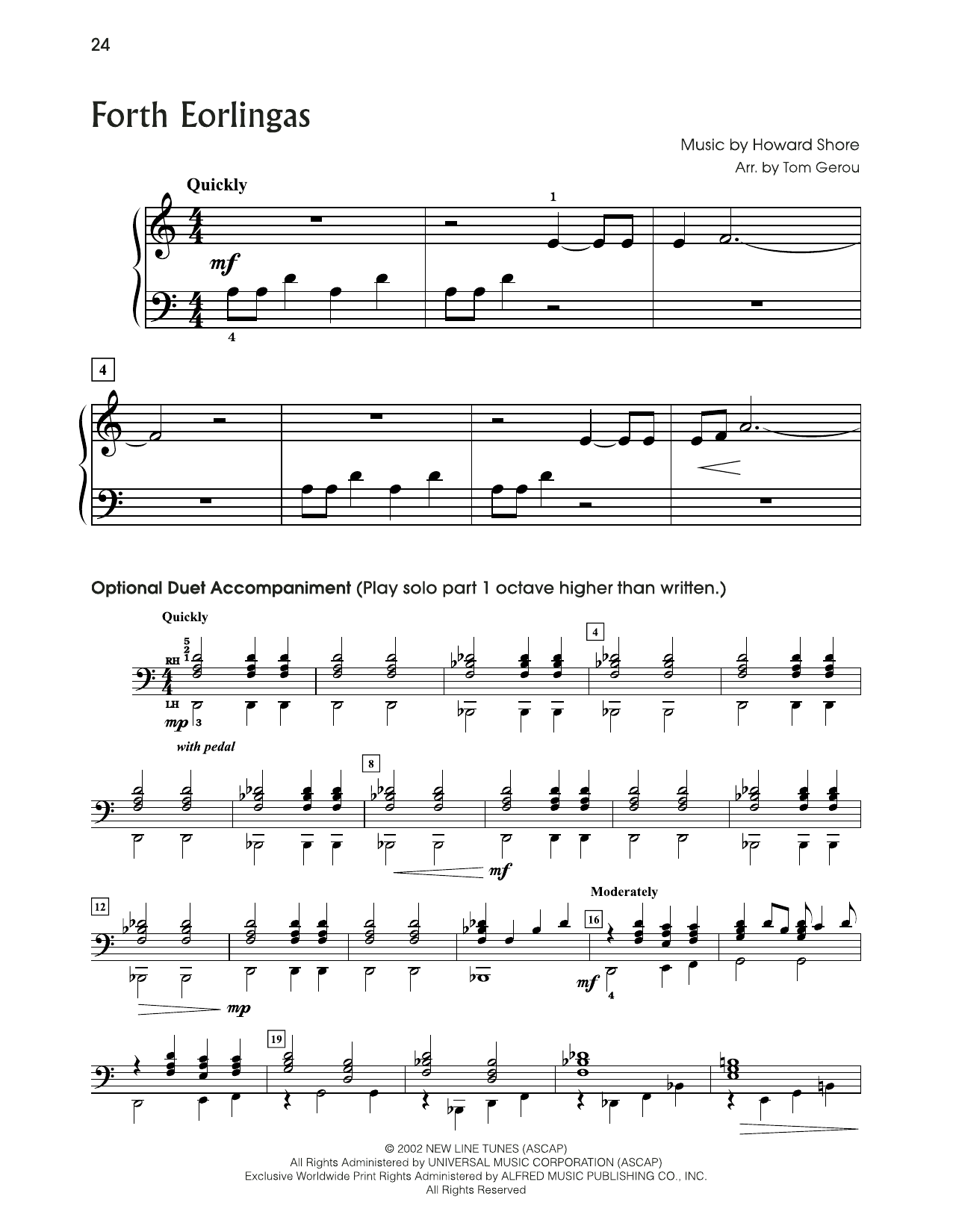 Download Howard Shore Forth Eorlingas (from The Lord Of The Rings) (arr. Tom Gerou) Sheet Music and learn how to play 5-Finger Piano PDF digital score in minutes