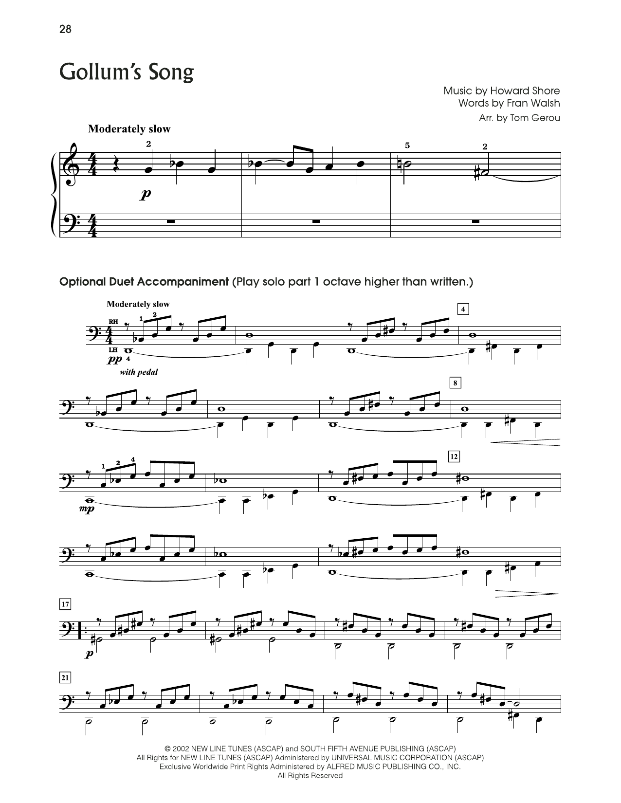 Download Howard Shore Gollum's Song (from The Lord Of The Rings) (arr. Tom Gerou) Sheet Music and learn how to play 5-Finger Piano PDF digital score in minutes
