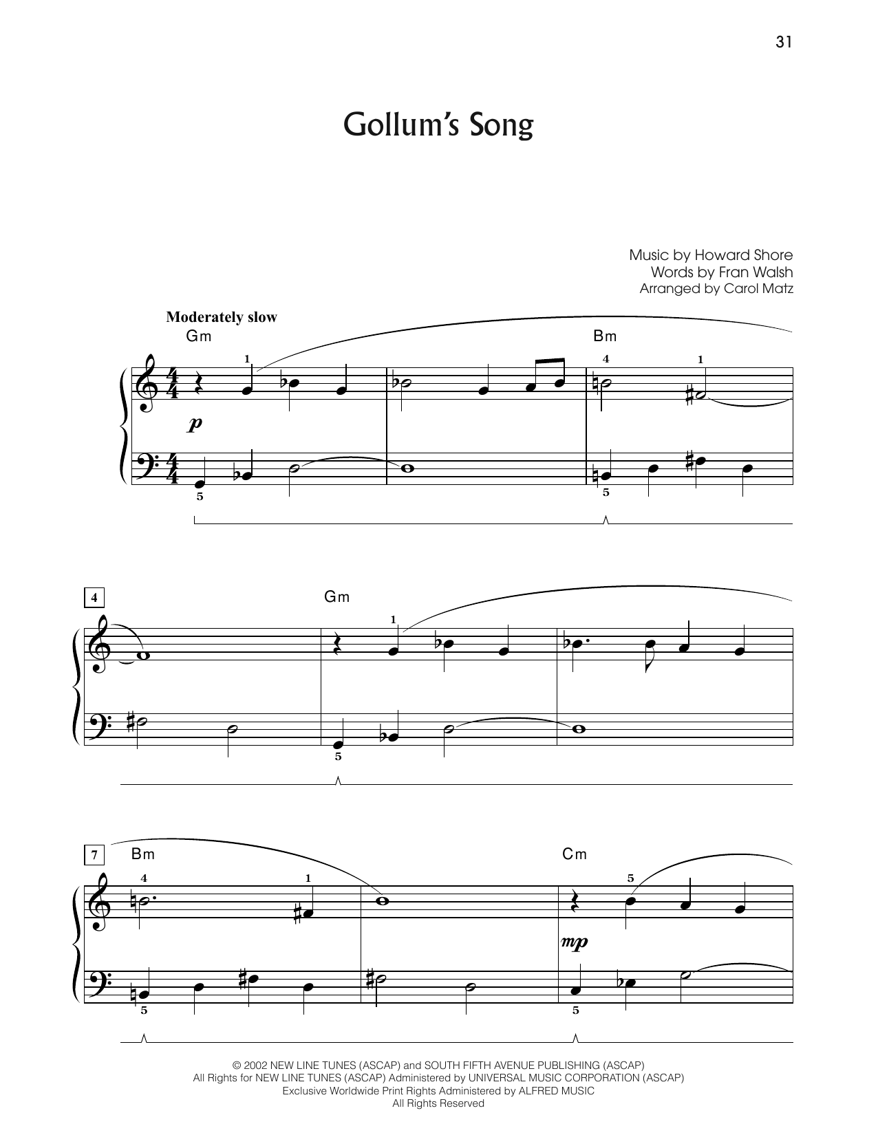 Download Howard Shore Gollum's Song (from The Lord Of The Rings: The Two Towers) (arr. Carol Matz) Sheet Music and learn how to play Big Note Piano PDF digital score in minutes