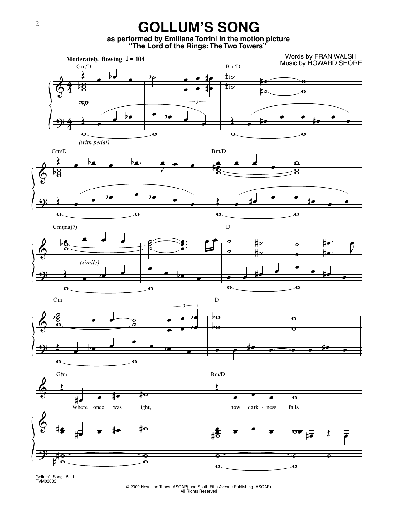 Download Howard Shore Gollum's Song (from The Lord Of The Rings: The Two Towers) Sheet Music and learn how to play Piano, Vocal & Guitar Chords (Right-Hand Melody) PDF digital score in minutes