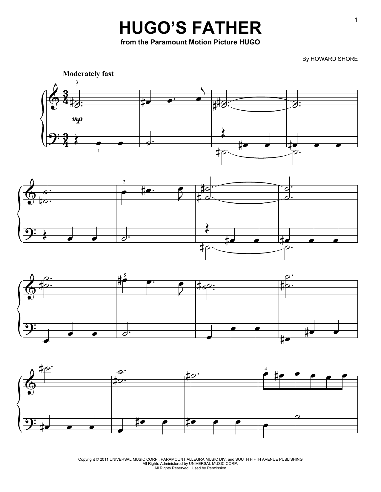 Download Howard Shore Hugo's Father (from Hugo) Sheet Music and learn how to play Easy Piano PDF digital score in minutes