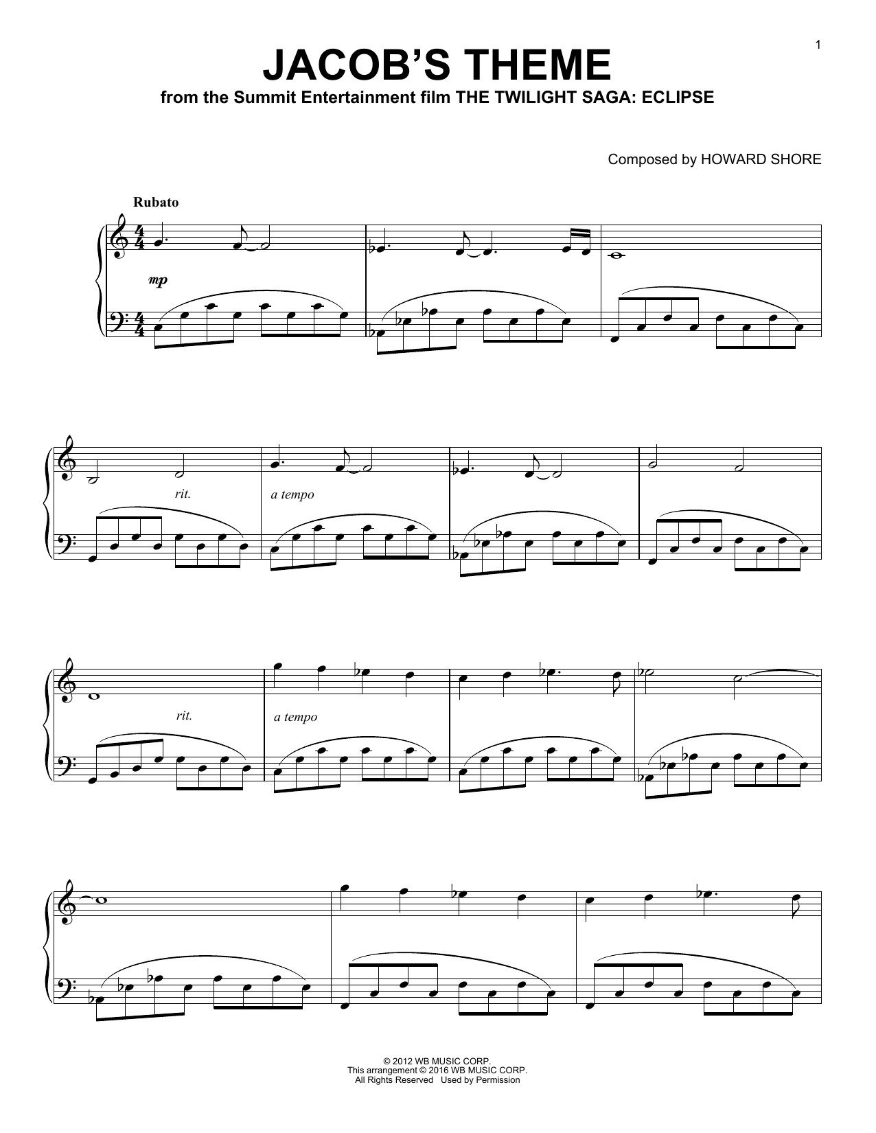 Download Howard Shore Jacob's Theme Sheet Music and learn how to play Piano PDF digital score in minutes