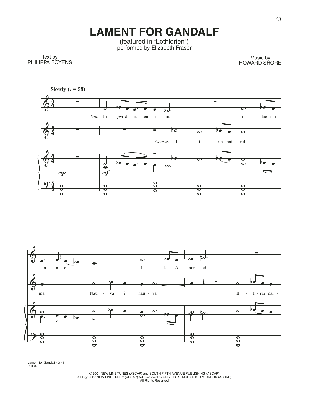 Download Howard Shore Lament For Gandalf (from The Lord Of The Rings: The Fellowship Of The Ring) Sheet Music and learn how to play Piano & Vocal PDF digital score in minutes