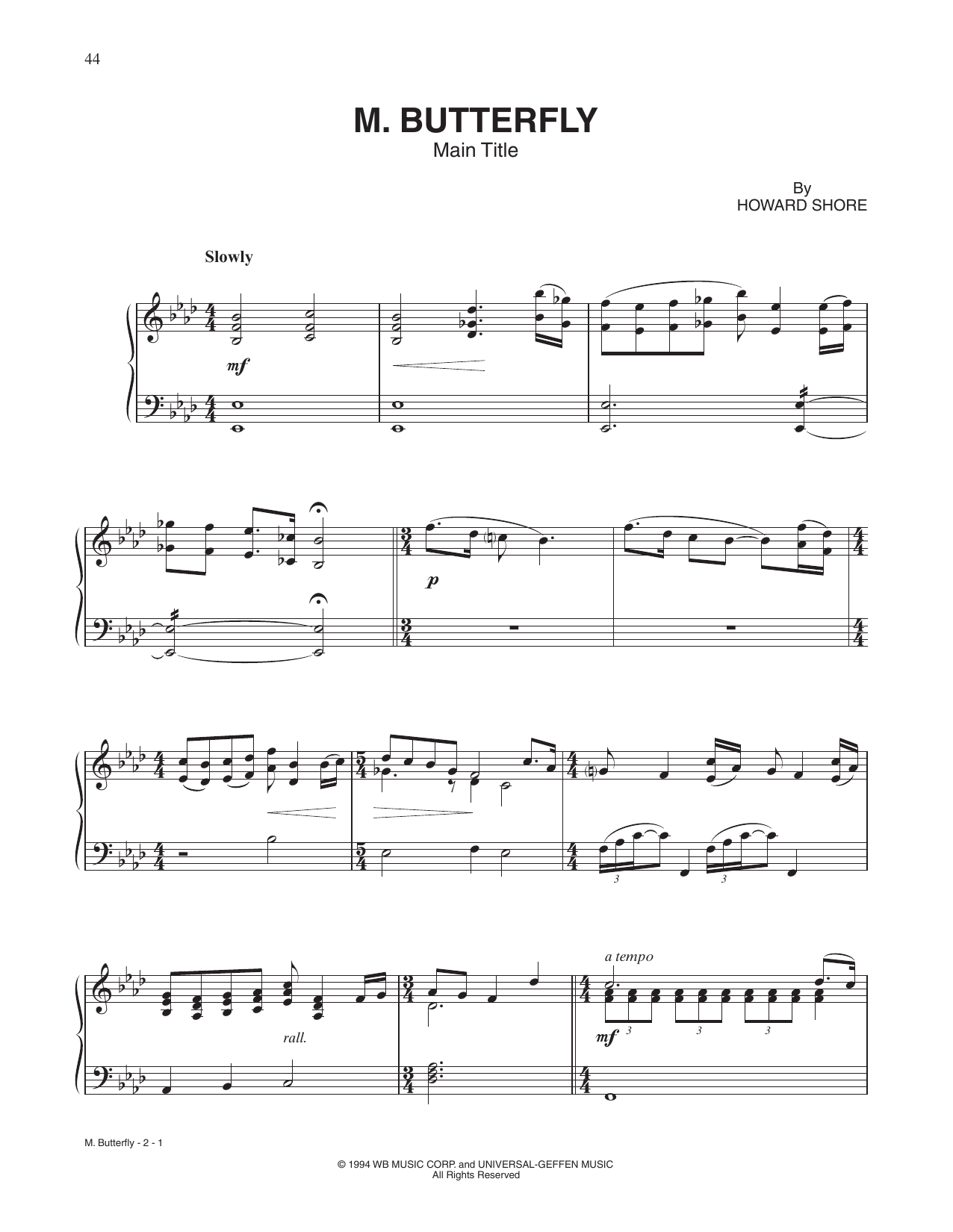 Download Howard Shore M. Butterfly (Main Title Theme) Sheet Music and learn how to play Piano Solo PDF digital score in minutes