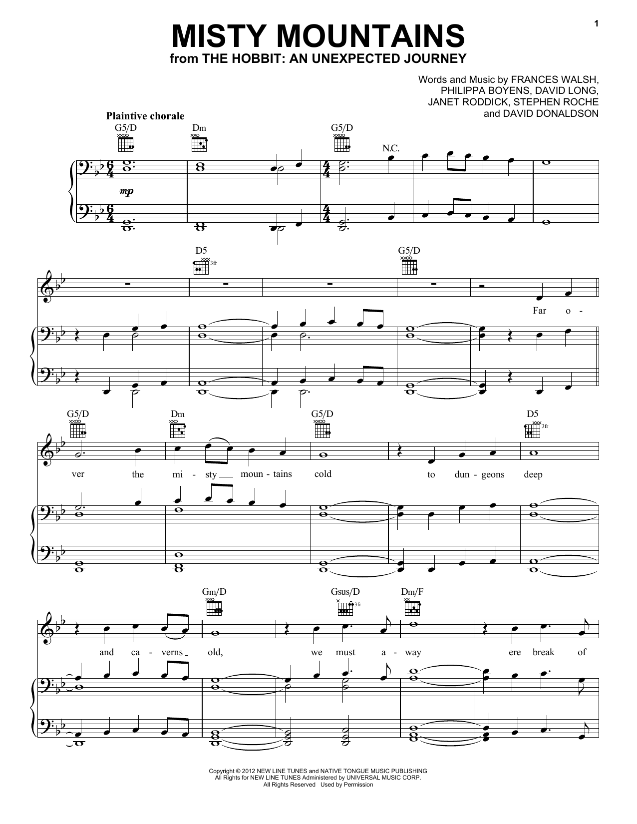 Download Howard Shore Misty Mountains (from The Hobbit: An Unexpected Journey) Sheet Music and learn how to play Piano, Vocal & Guitar Chords (Right-Hand Melody) PDF digital score in minutes