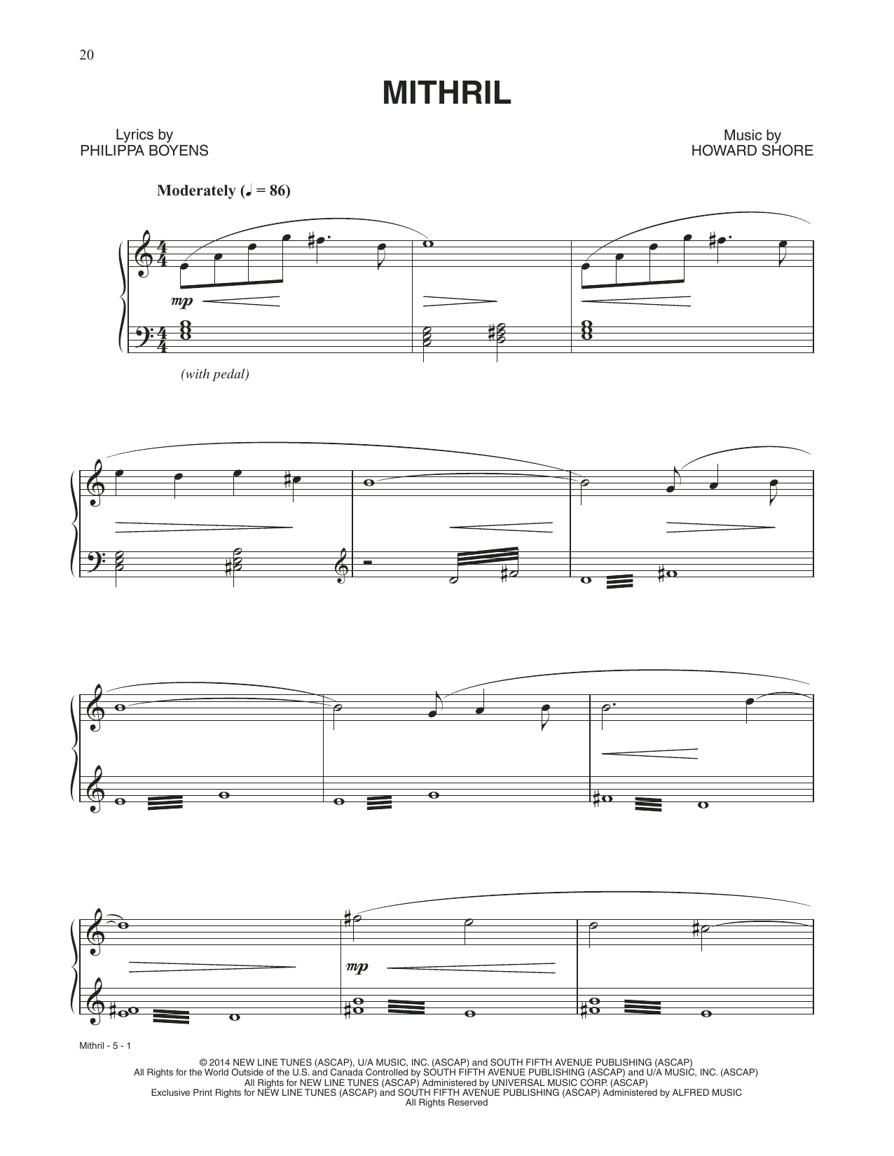 Download Howard Shore Mithril (from The Hobbit: The Battle of the Five Armies) Sheet Music and learn how to play Piano & Vocal PDF digital score in minutes