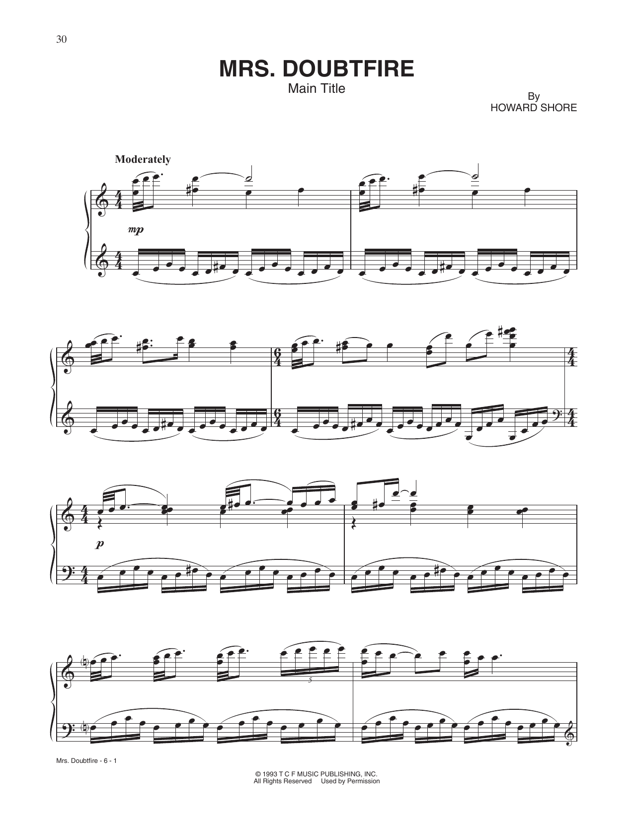 Download Howard Shore Mrs. Doubtfire (Main Title) Sheet Music and learn how to play Piano Solo PDF digital score in minutes