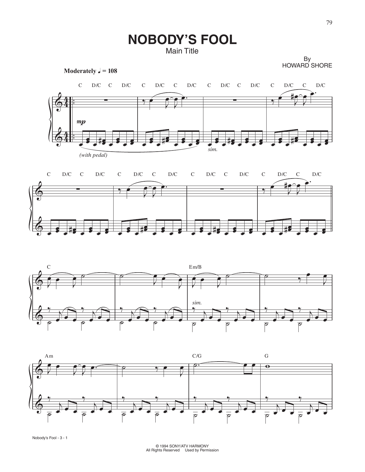 Download Howard Shore Nobody's Fool (Main Title) Sheet Music and learn how to play Piano Solo PDF digital score in minutes