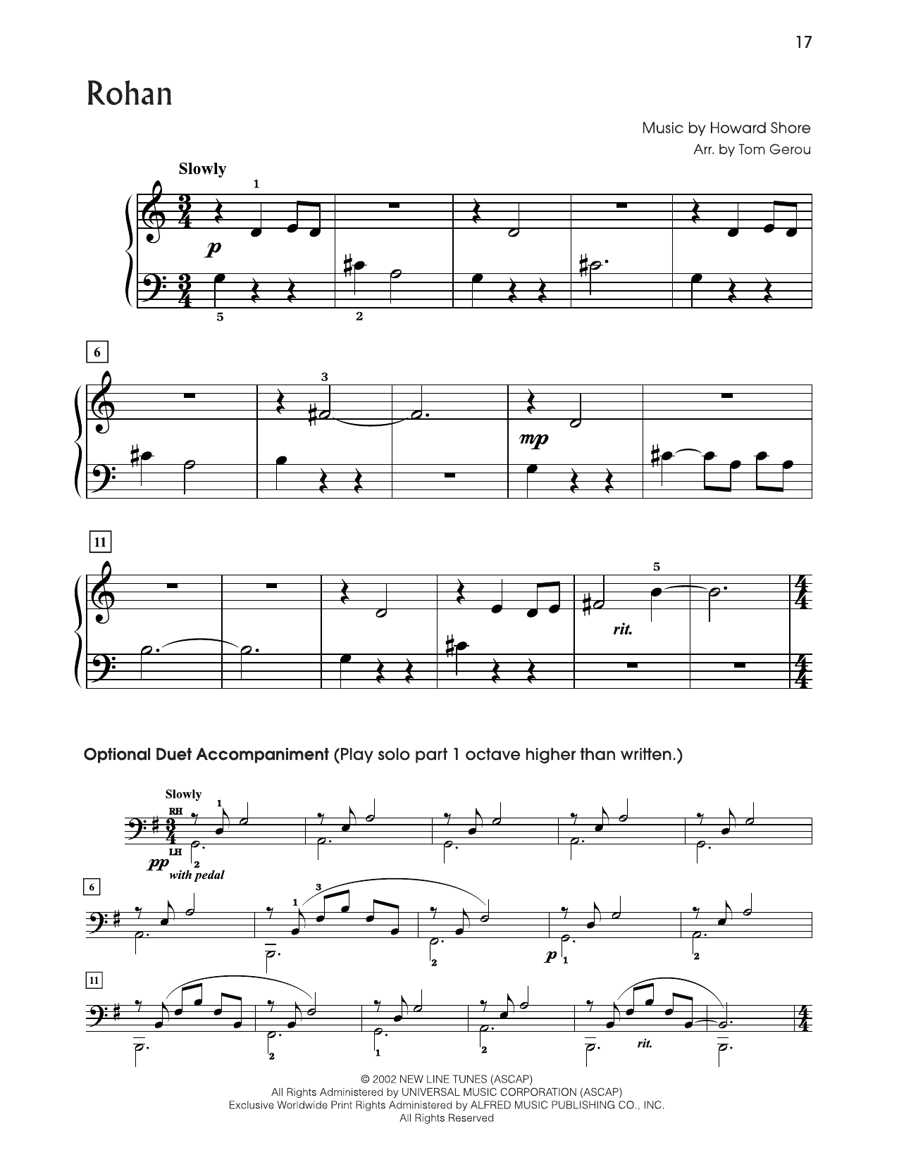 Download Howard Shore Rohan (from The Lord Of The Rings) (arr. Tom Gerou) Sheet Music and learn how to play 5-Finger Piano PDF digital score in minutes