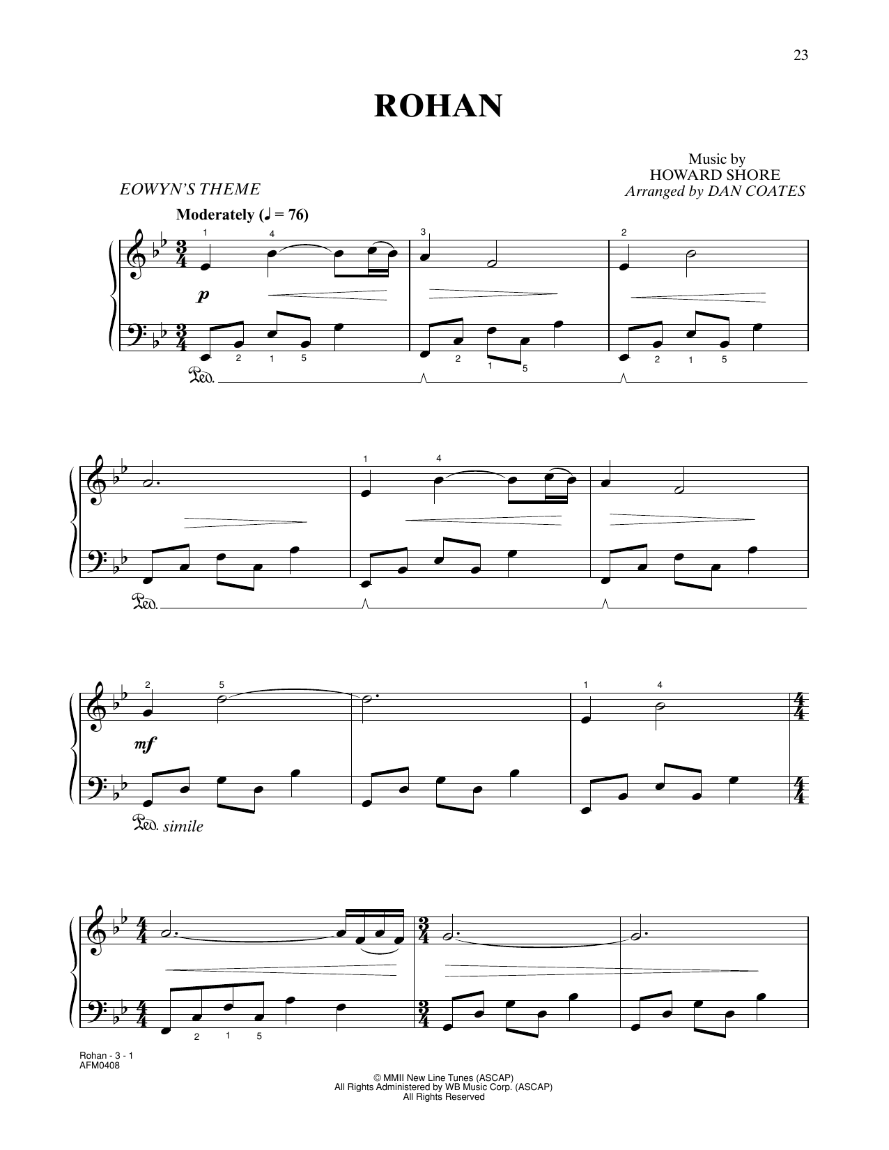 Download Howard Shore Rohan (from The Lord Of The Rings: The Two Towers) (arr. Dan Coates) Sheet Music and learn how to play Easy Piano PDF digital score in minutes