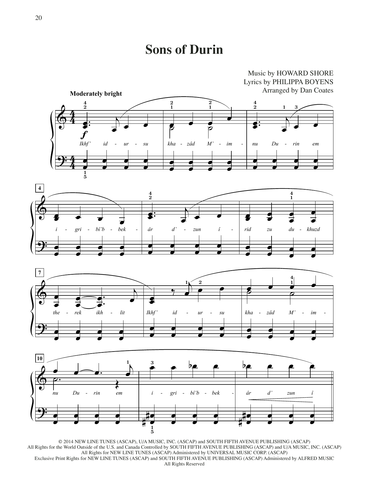 Download Howard Shore Sons Of Durin (from The Hobbit: The Battle of the Five Armies) (arr. Dan Coates) Sheet Music and learn how to play Easy Piano PDF digital score in minutes