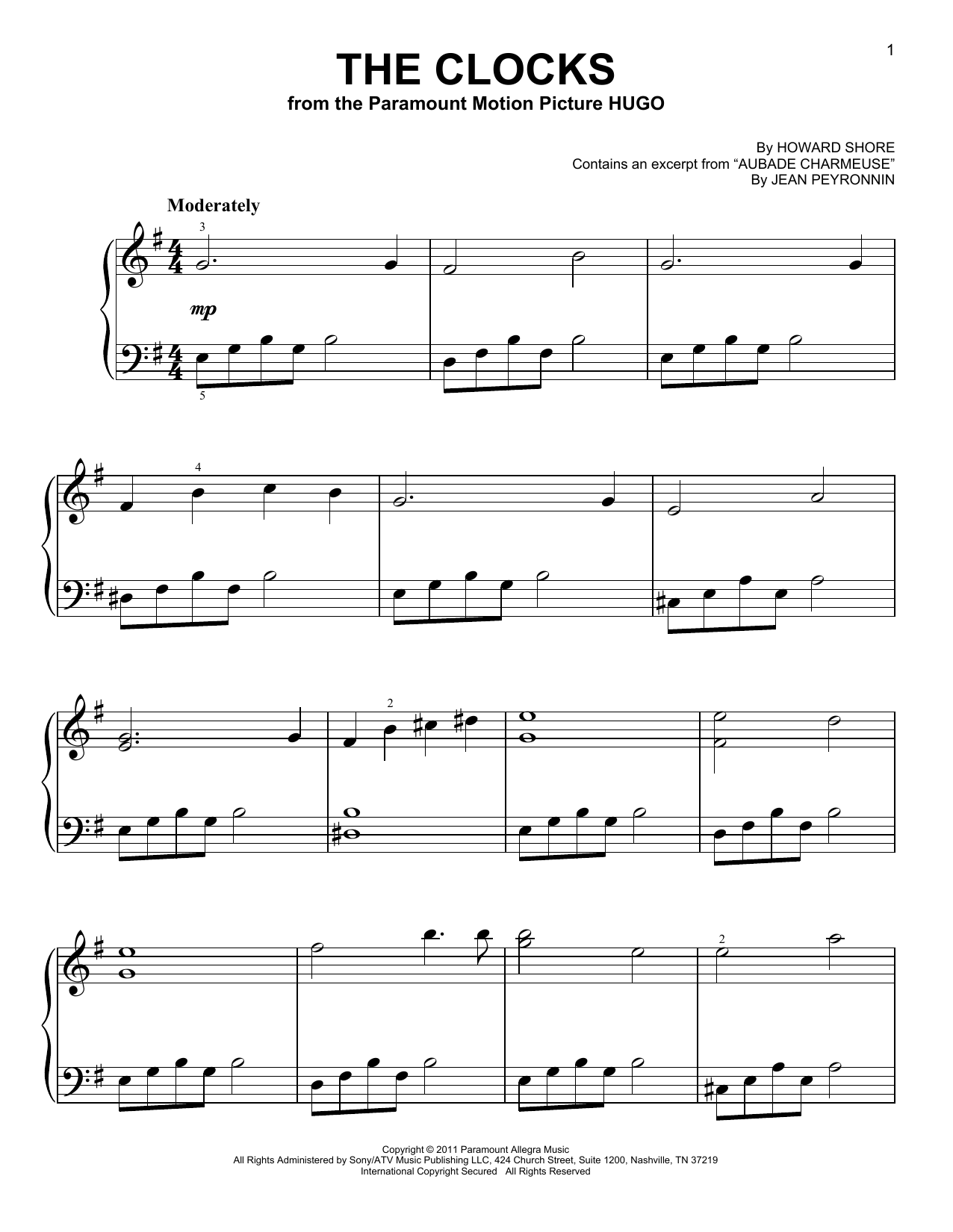Download Howard Shore The Clocks (from Hugo) Sheet Music and learn how to play Very Easy Piano PDF digital score in minutes