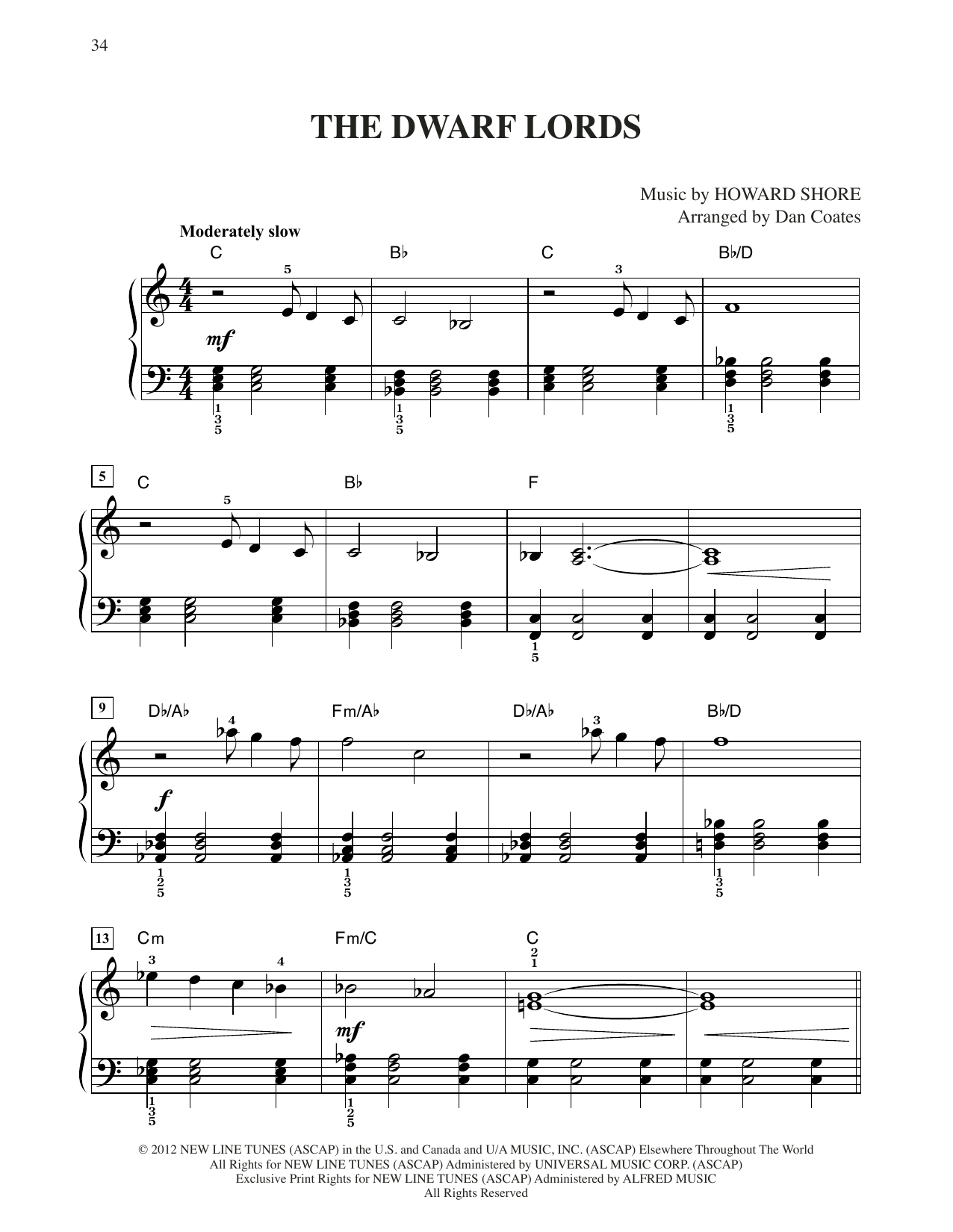 Download Howard Shore The Dwarf Lords (from The Hobbit: An Unexpected Journey) (arr. Dan Coates) Sheet Music and learn how to play Easy Piano PDF digital score in minutes