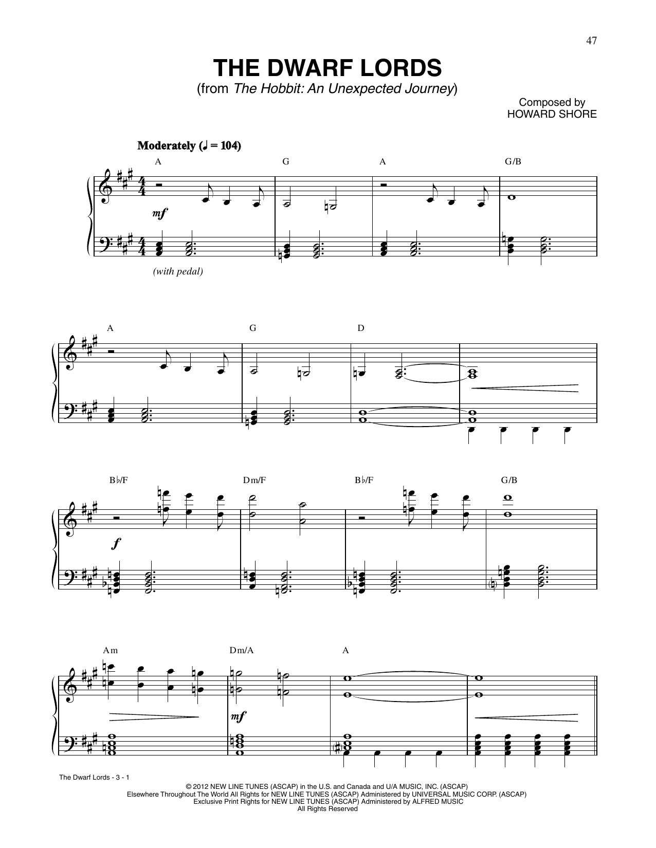 Download Howard Shore The Dwarf Lords (from The Hobbit: An Unexpected Journey) Sheet Music and learn how to play Piano Solo PDF digital score in minutes