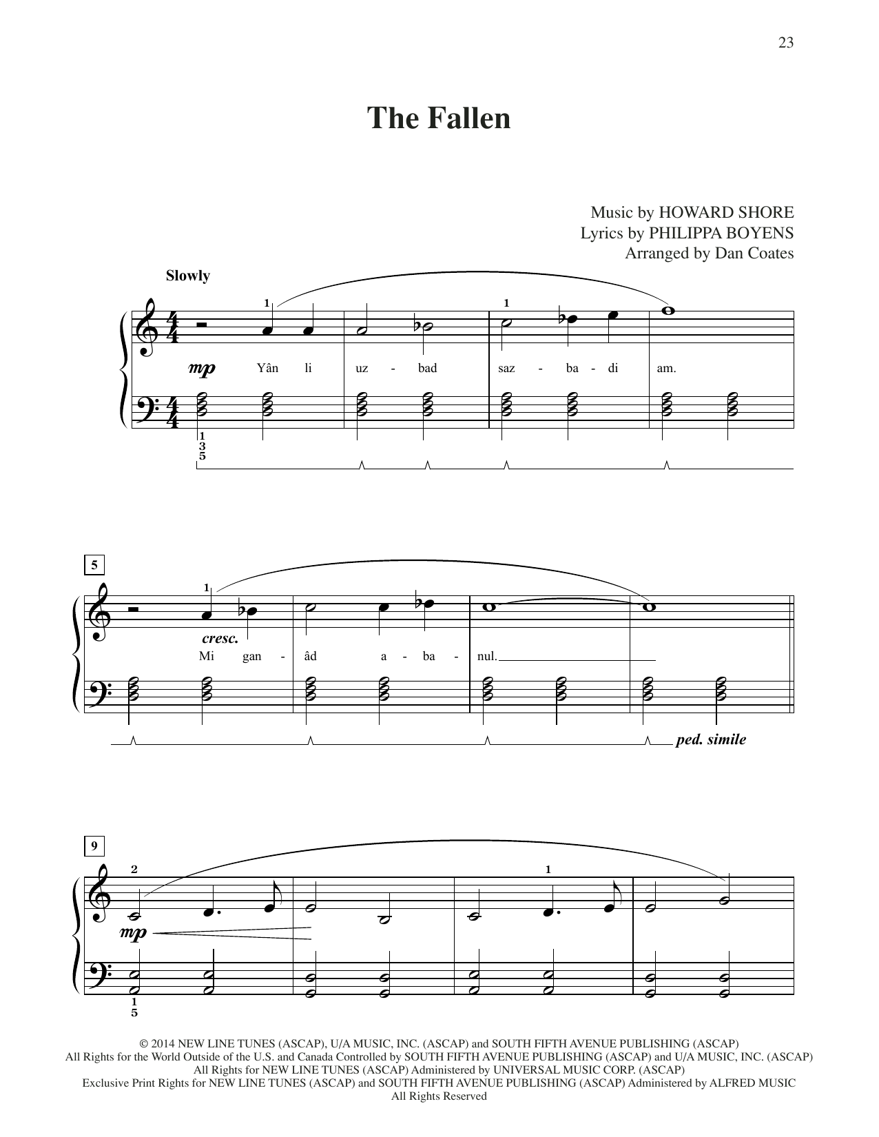 Download Howard Shore The Fallen (from The Hobbit: The Battle of the Five Armies) (arr. Dan Coates) Sheet Music and learn how to play Easy Piano PDF digital score in minutes