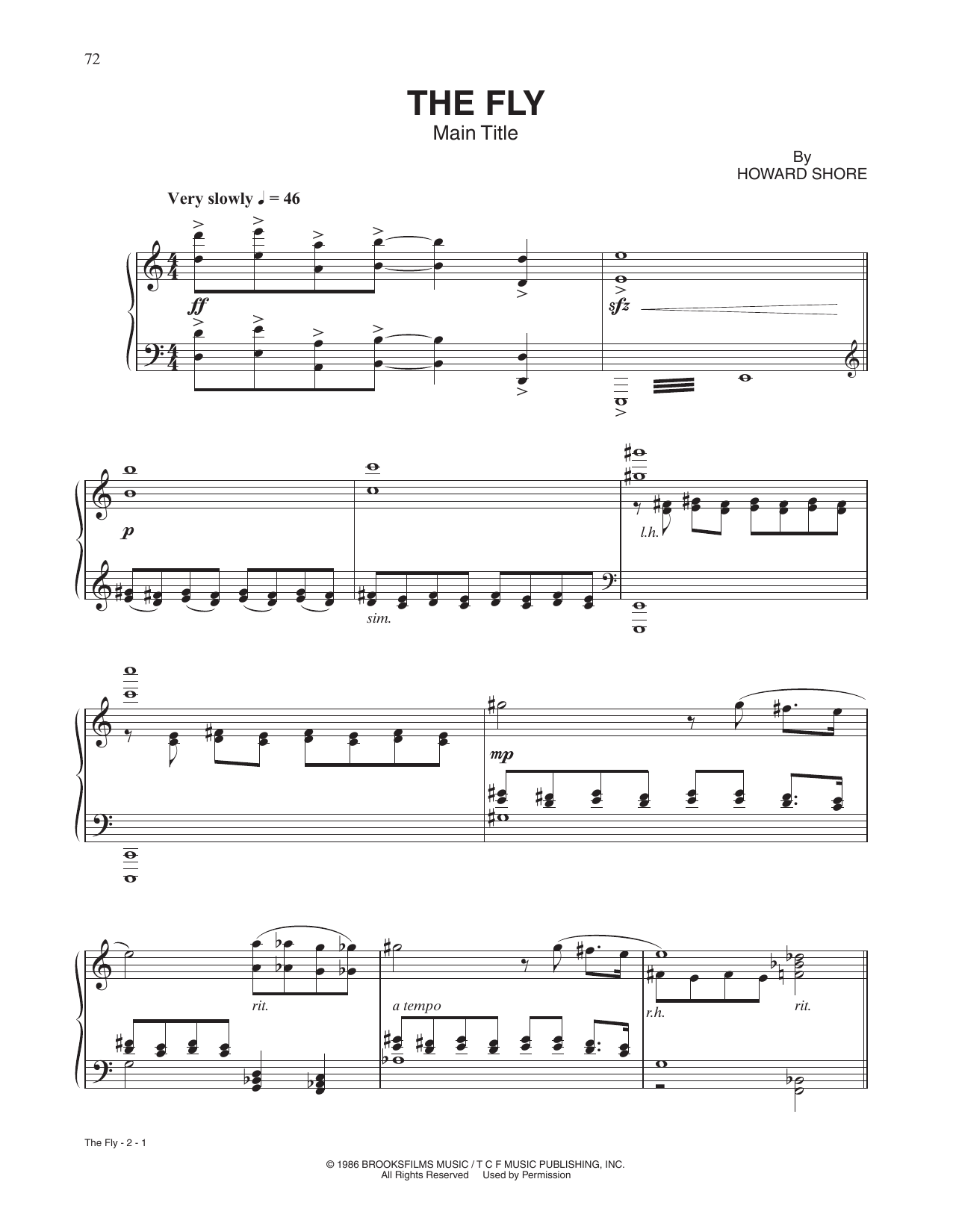 Download Howard Shore The Fly (Main Title) Sheet Music and learn how to play Piano Solo PDF digital score in minutes
