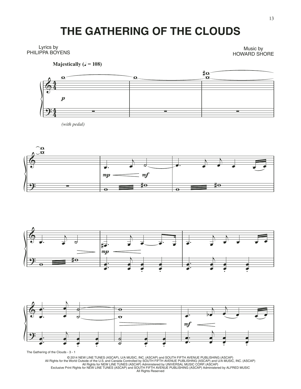 Download Howard Shore The Gathering Of The Clouds (from The Hobbit: The Battle of the Five Armies) Sheet Music and learn how to play Piano Solo PDF digital score in minutes