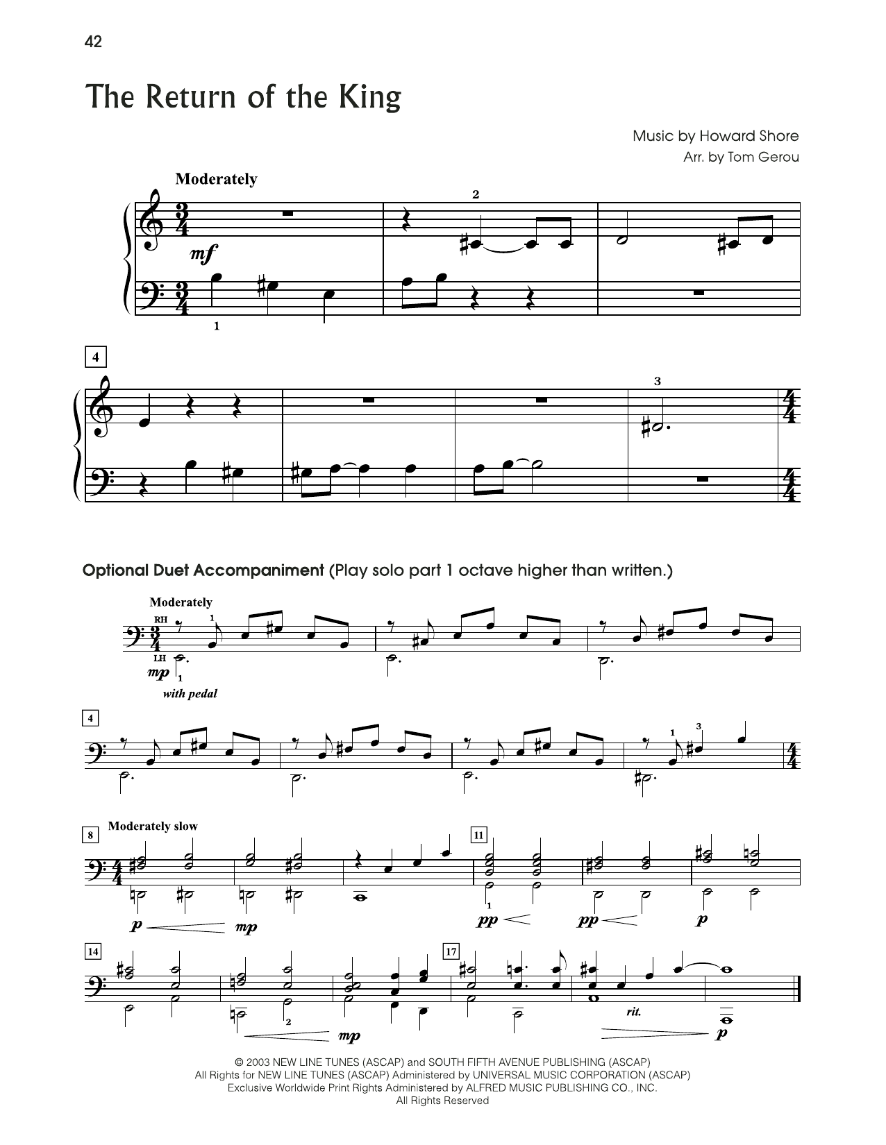 Download Howard Shore The Return Of The King (from The Lord Of The Rings) (arr. Tom Gerou) Sheet Music and learn how to play 5-Finger Piano PDF digital score in minutes