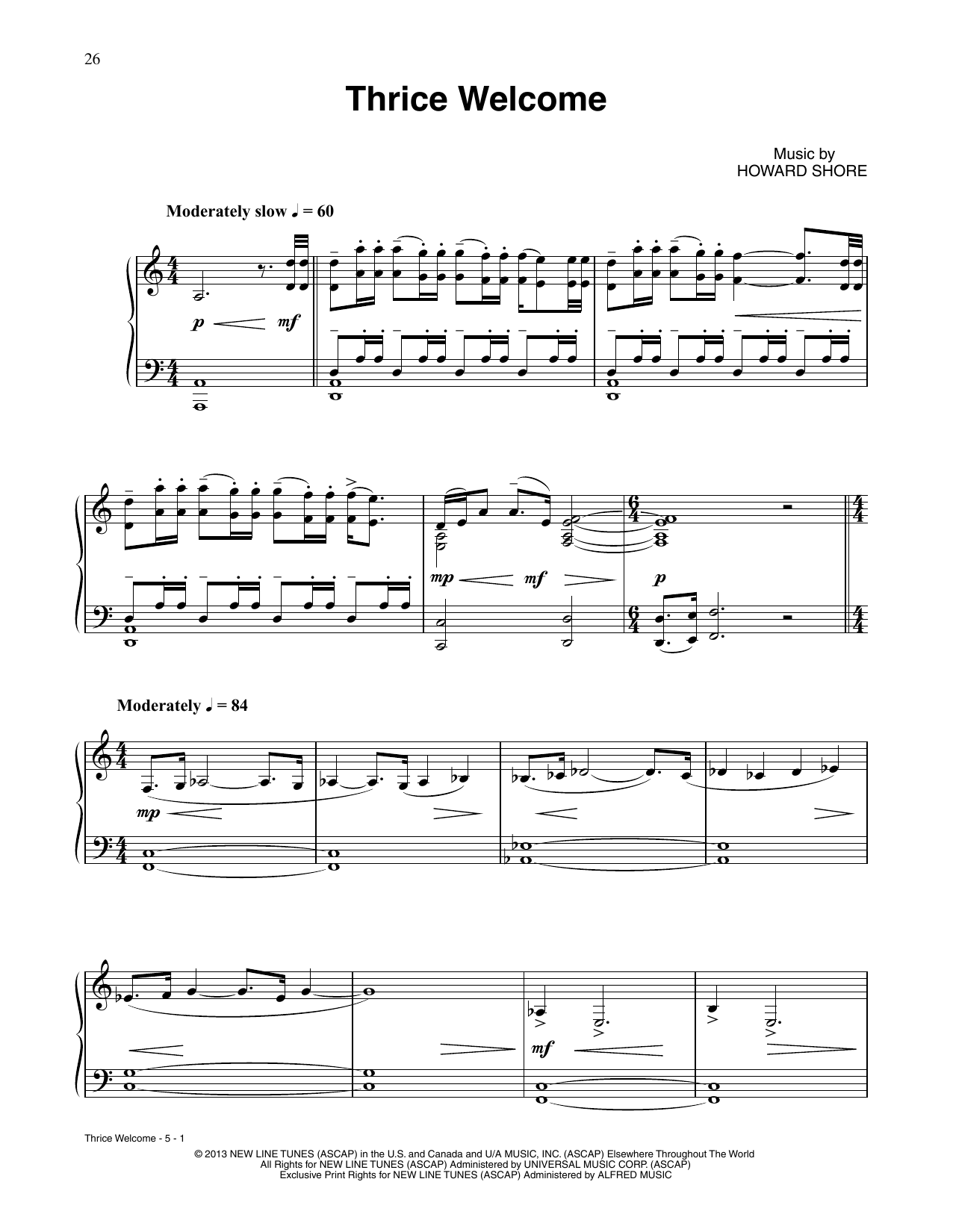 Download Howard Shore Thrice Welcome (from The Hobbit: The Desolation Of Smaug) Sheet Music and learn how to play Piano Solo PDF digital score in minutes