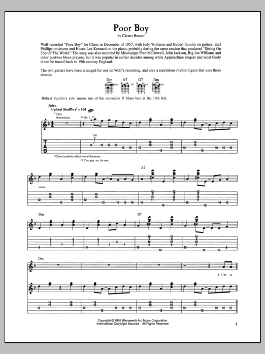 Download Howlin' Wolf Poor Boy Sheet Music and learn how to play Guitar Tab PDF digital score in minutes