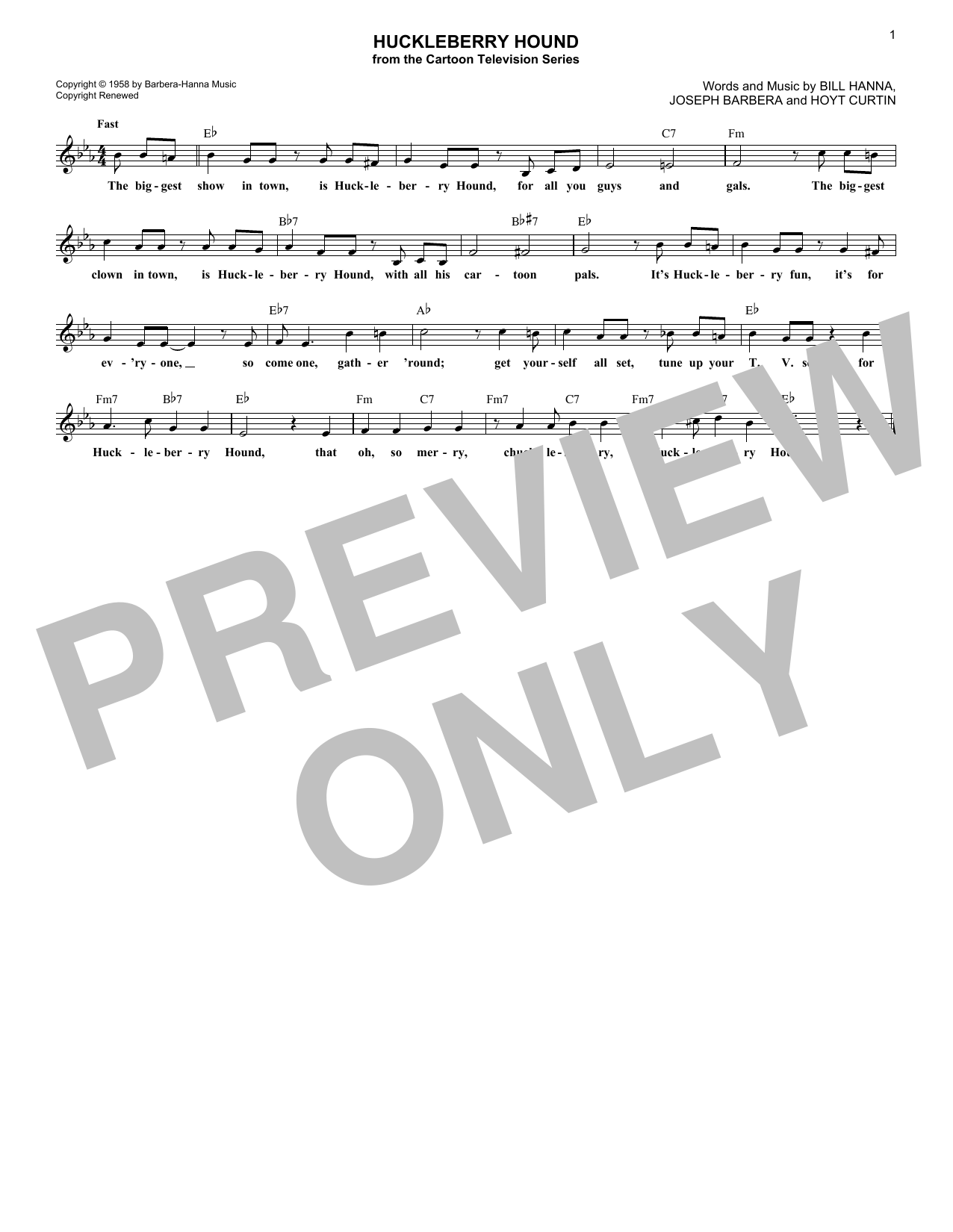 Download Hoyt Curtin Huckleberry Hound Sheet Music and learn how to play Lead Sheet / Fake Book PDF digital score in minutes