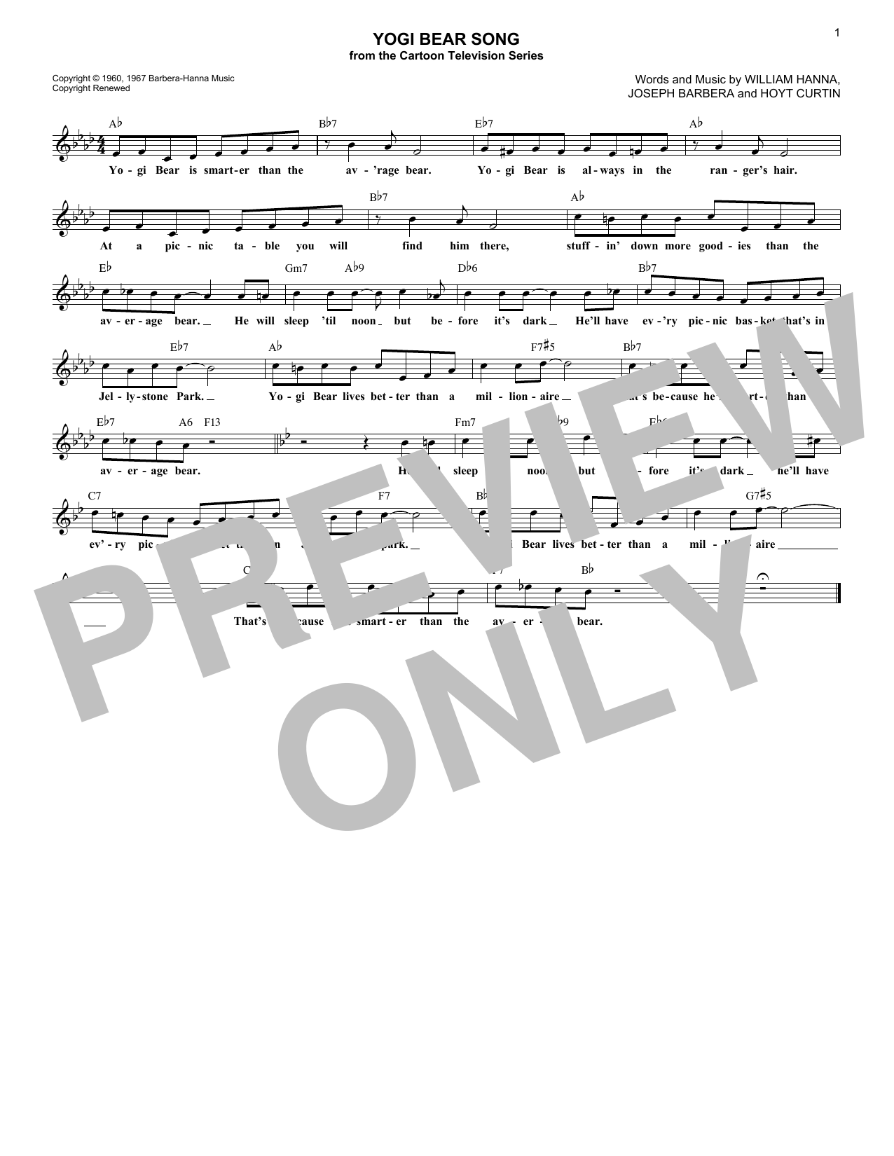 Download Hoyt Curtin Yogi Bear Song Sheet Music and learn how to play Lead Sheet / Fake Book PDF digital score in minutes