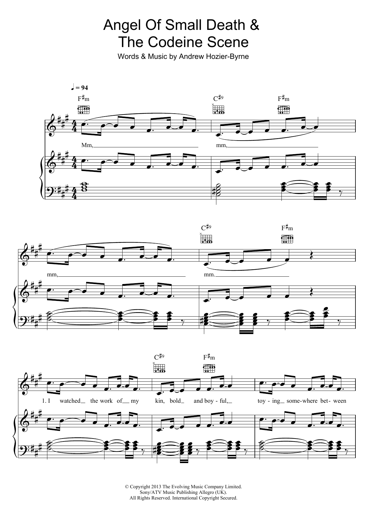 Download Hozier Angel Of Small Death And The Codeine Scene Sheet Music and learn how to play Piano, Vocal & Guitar (Right-Hand Melody) PDF digital score in minutes