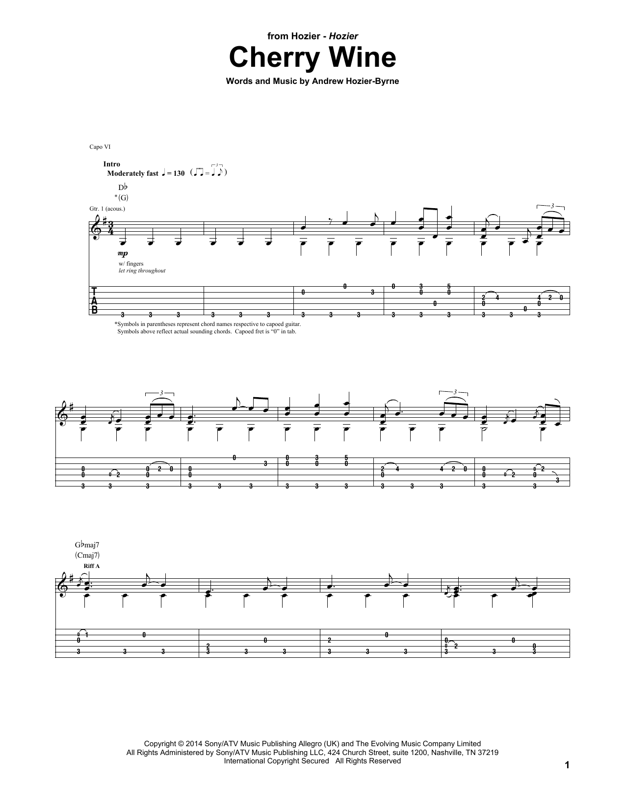 Download Hozier Cherry Wine Sheet Music and learn how to play Guitar Tab PDF digital score in minutes