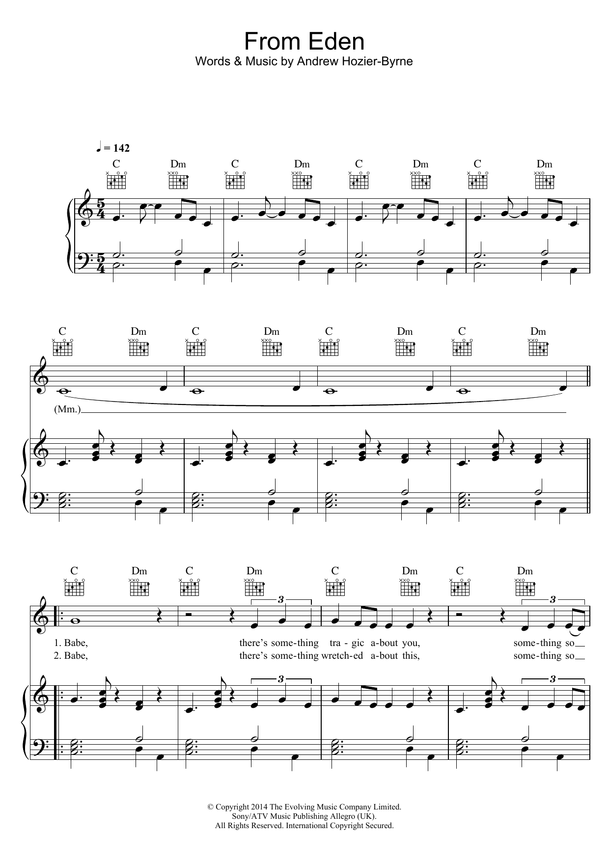 Download Hozier From Eden Sheet Music and learn how to play Piano, Vocal & Guitar (Right-Hand Melody) PDF digital score in minutes