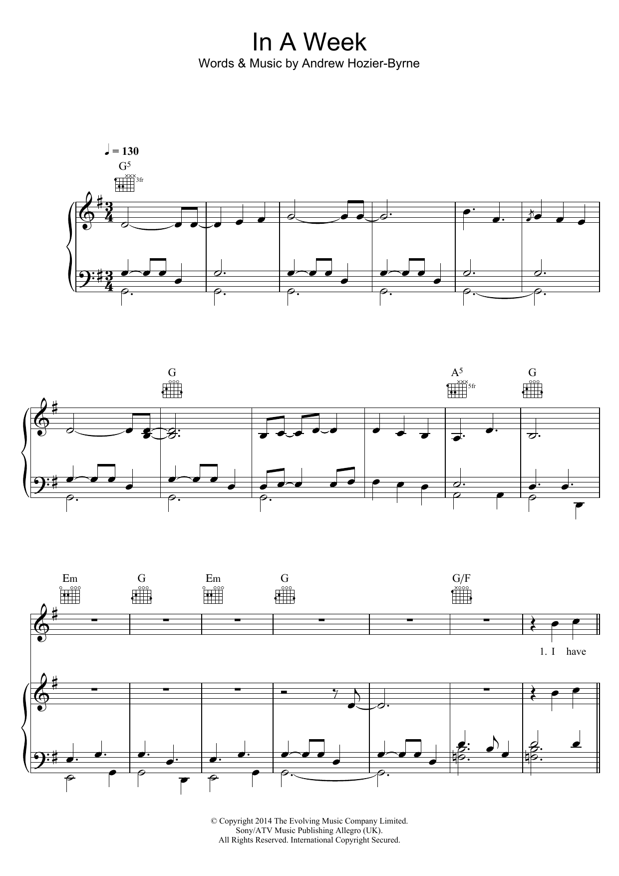 Download Hozier In A Week Sheet Music and learn how to play Piano, Vocal & Guitar (Right-Hand Melody) PDF digital score in minutes