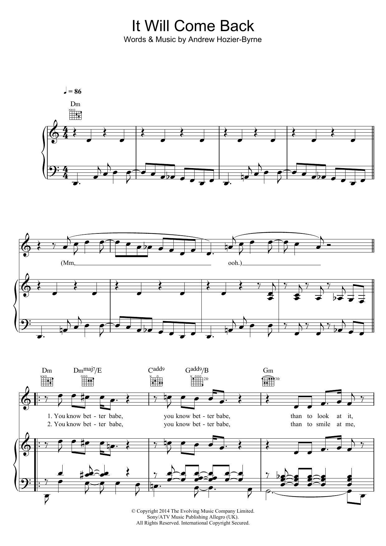 Download Hozier It Will Come Back Sheet Music and learn how to play Piano, Vocal & Guitar (Right-Hand Melody) PDF digital score in minutes