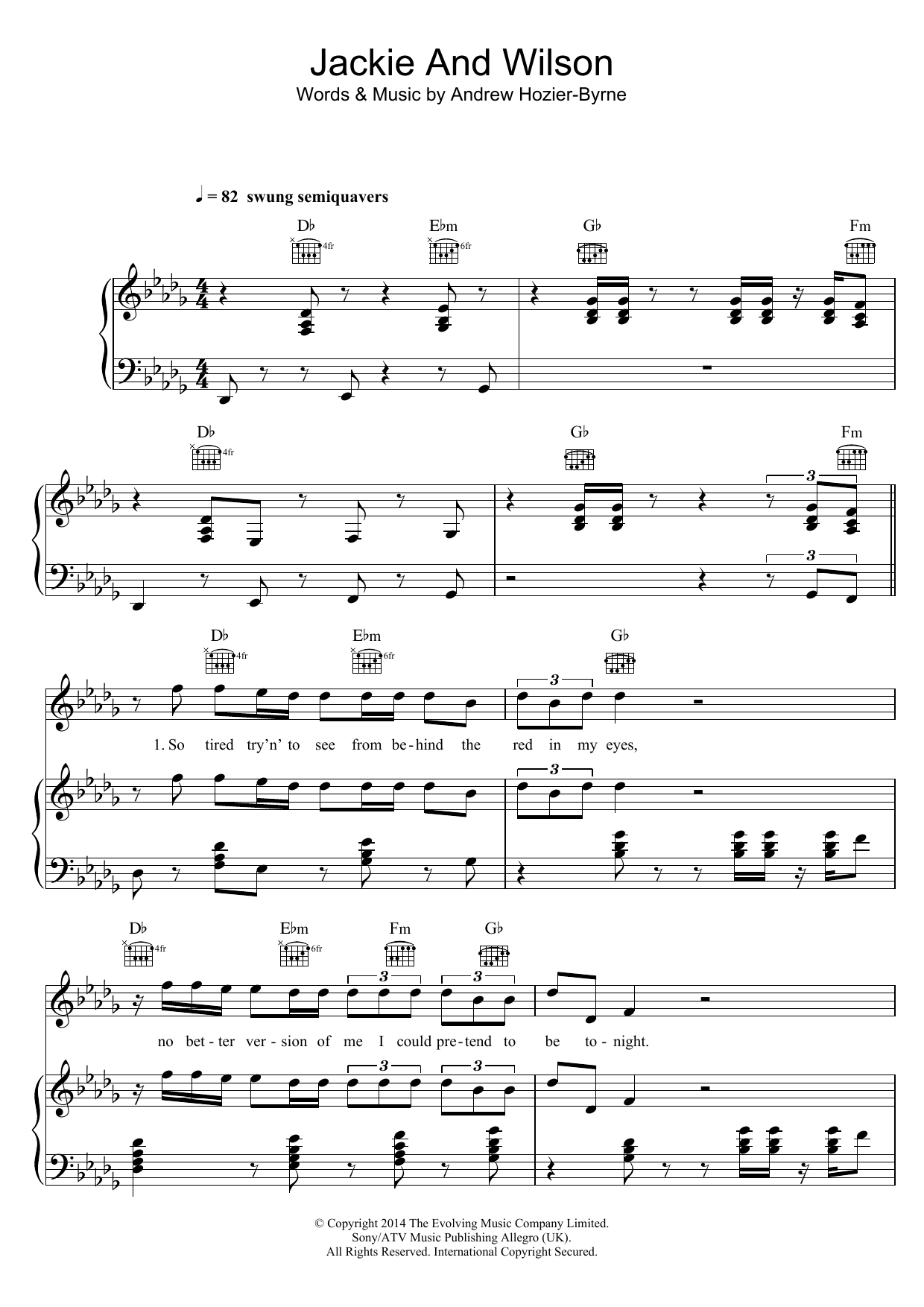 Download Hozier Jackie And Wilson Sheet Music and learn how to play Piano, Vocal & Guitar (Right-Hand Melody) PDF digital score in minutes