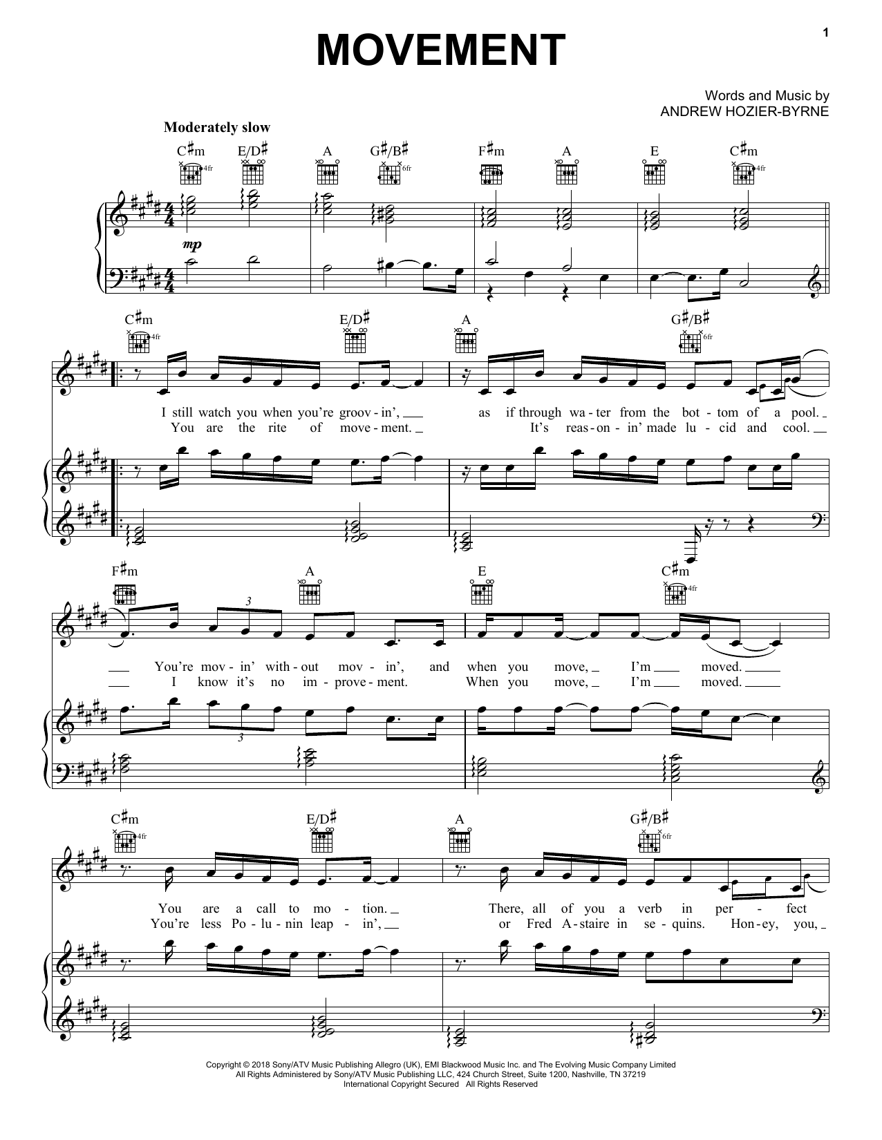 Download Hozier Movement Sheet Music and learn how to play Piano, Vocal & Guitar Chords (Right-Hand Melody) PDF digital score in minutes