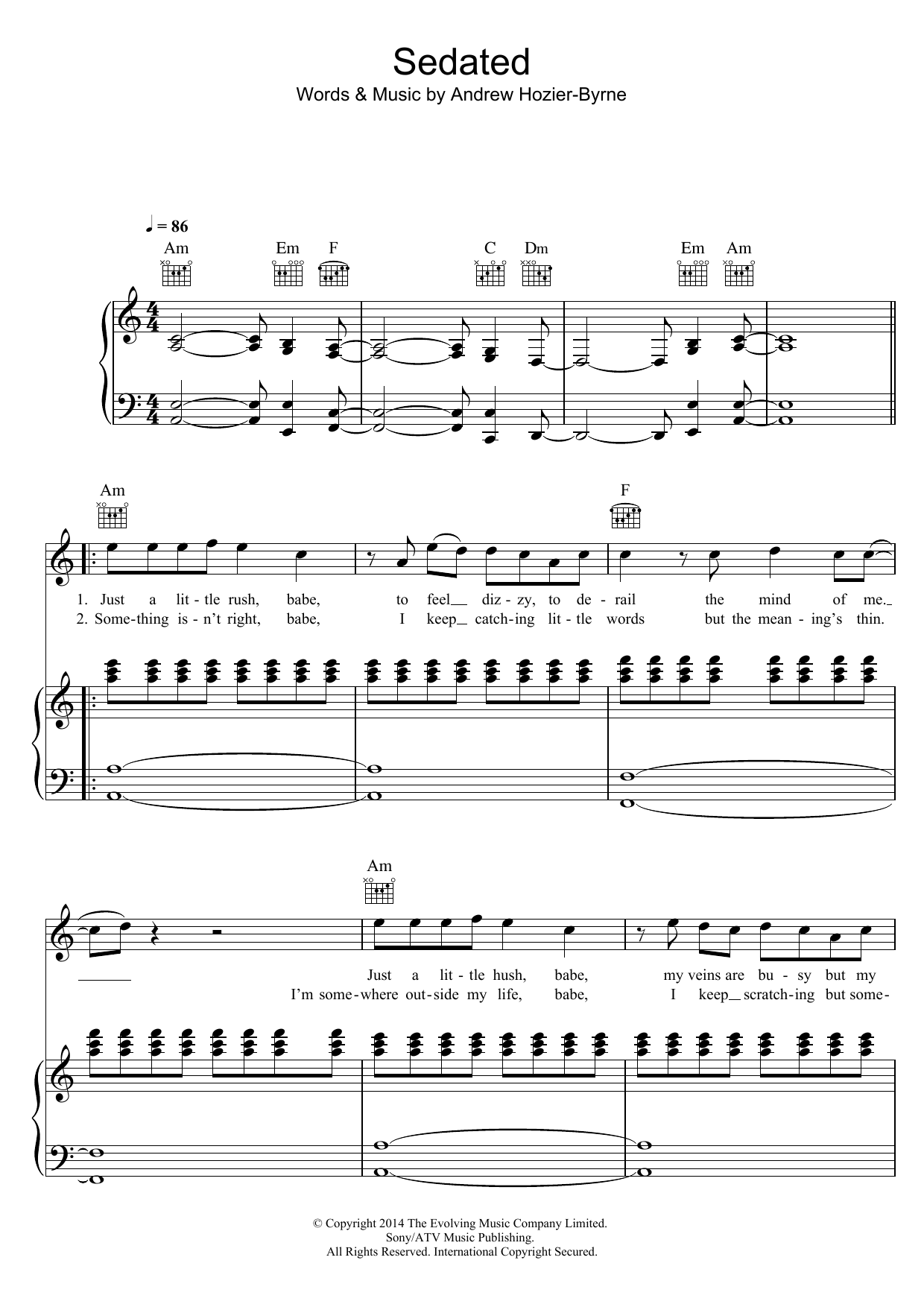 Download Hozier Sedated Sheet Music and learn how to play Piano, Vocal & Guitar (Right-Hand Melody) PDF digital score in minutes