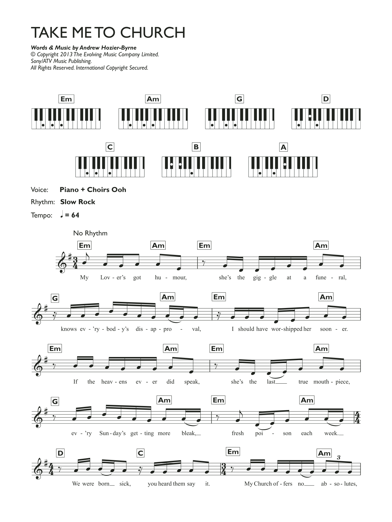 Download Hozier Take Me To Church Sheet Music and learn how to play Keyboard PDF digital score in minutes