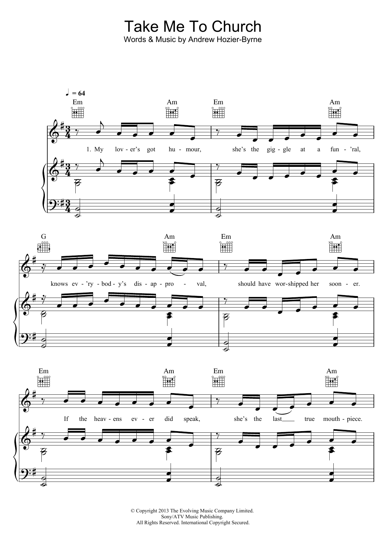 Download Hozier Take Me To Church Sheet Music and learn how to play DRMCHT PDF digital score in minutes