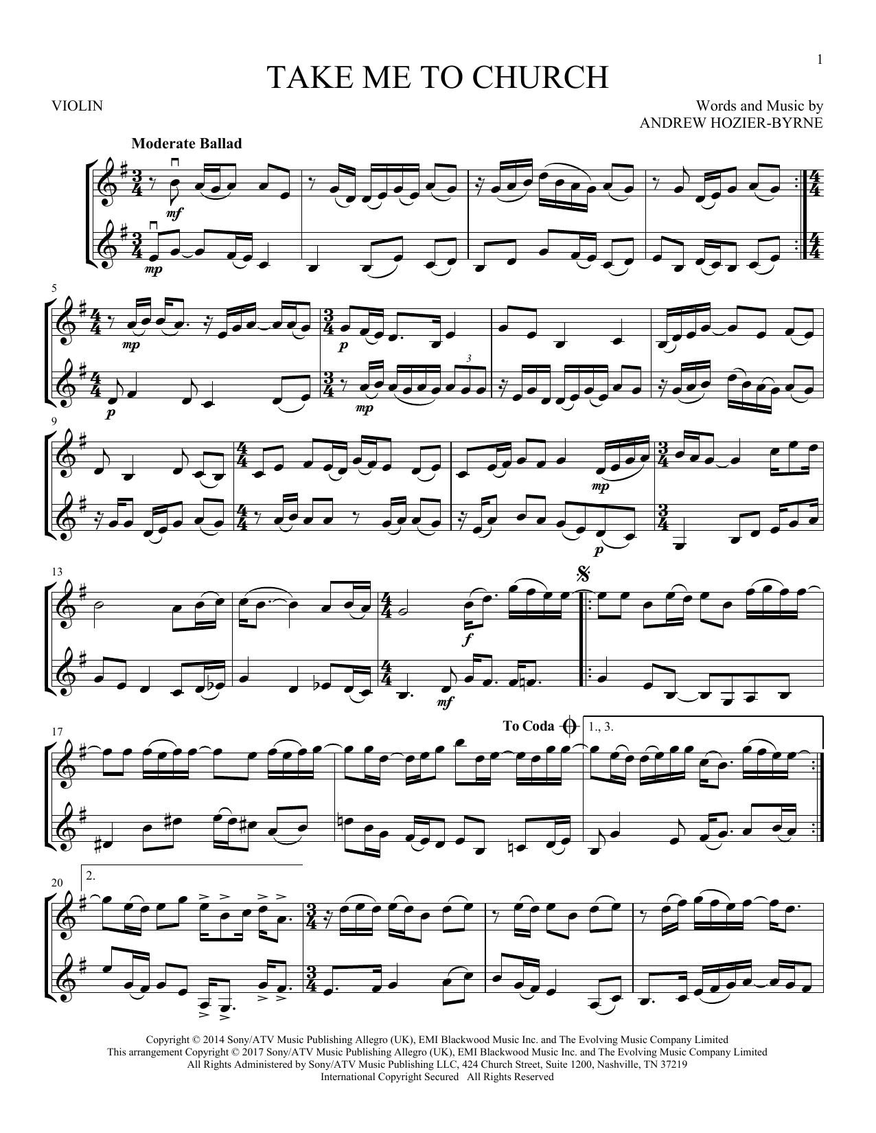 Hozier "Take Me To Church" Sheet Music Notes | Download Printable Pdf Score 161080