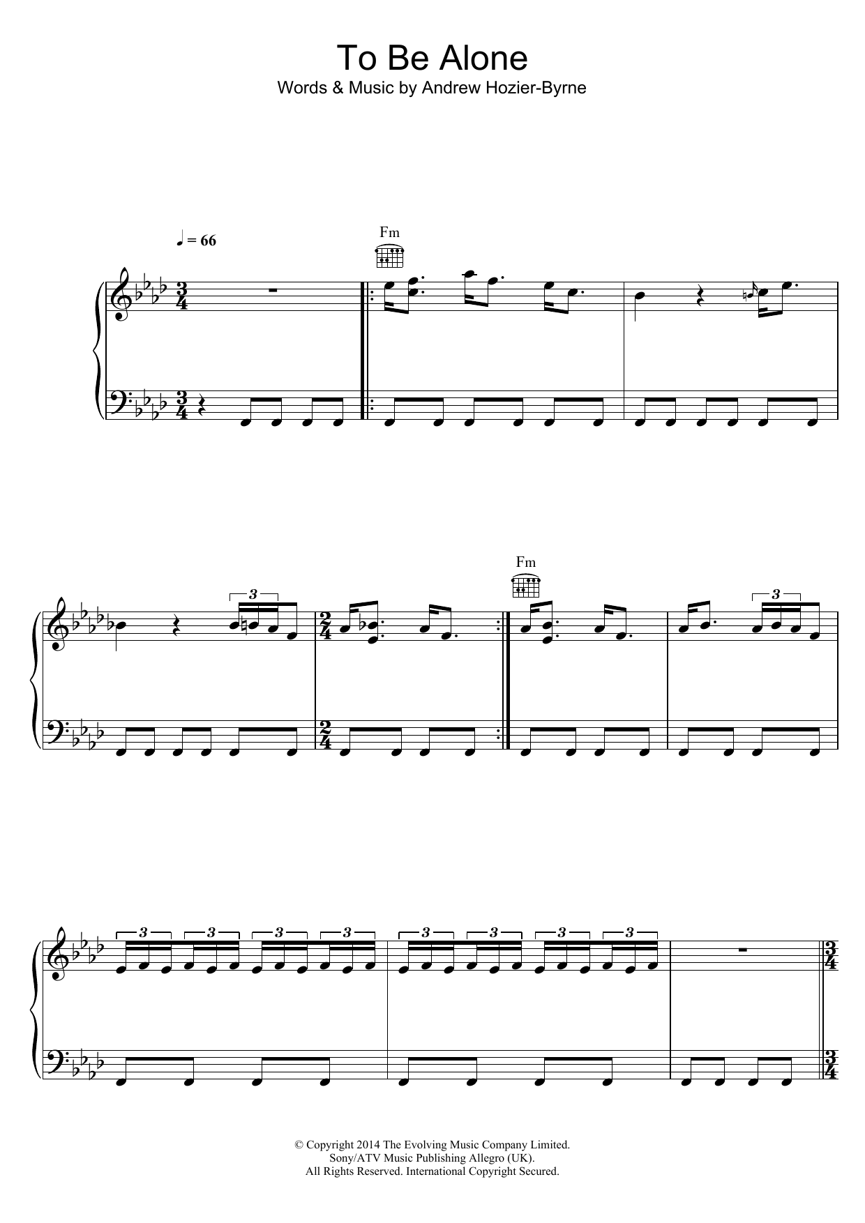 Download Hozier To Be Alone Sheet Music and learn how to play Piano, Vocal & Guitar (Right-Hand Melody) PDF digital score in minutes