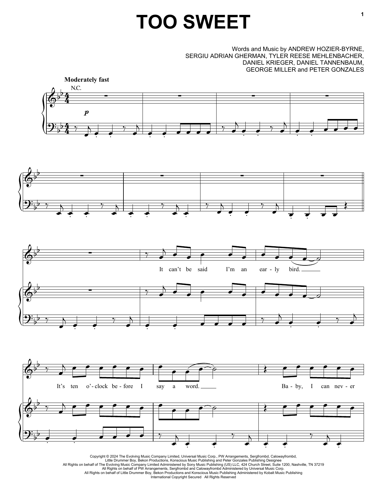 Download Hozier Too Sweet Sheet Music and learn how to play Piano, Vocal & Guitar Chords (Right-Hand Melody) PDF digital score in minutes