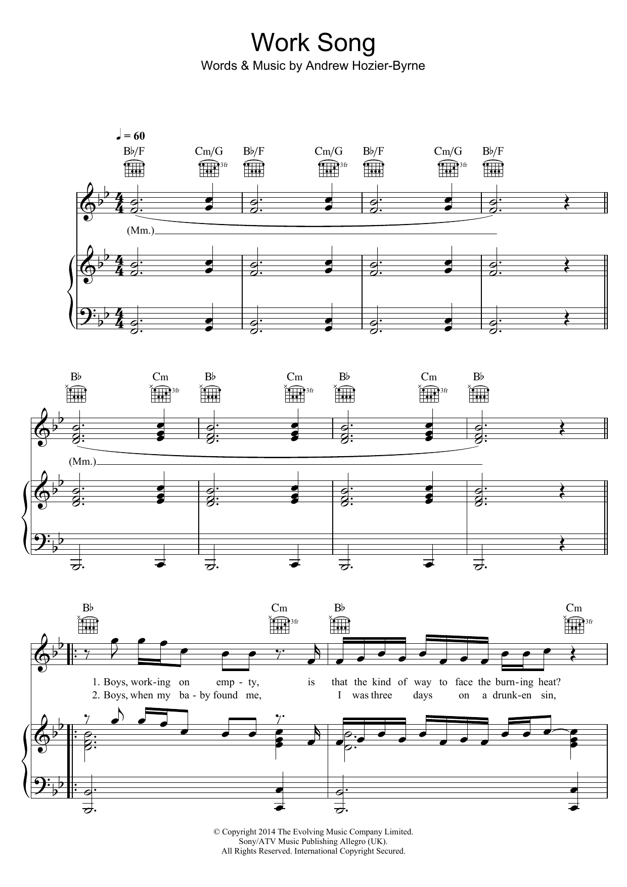 Download Hozier Work Song Sheet Music and learn how to play Piano, Vocal & Guitar (Right-Hand Melody) PDF digital score in minutes
