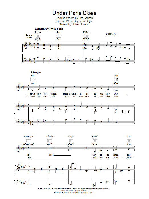 Download Hubert Giraud Under Paris Skies (Sous Le Ciel De Paris) Sheet Music and learn how to play Piano, Vocal & Guitar (Right-Hand Melody) PDF digital score in minutes