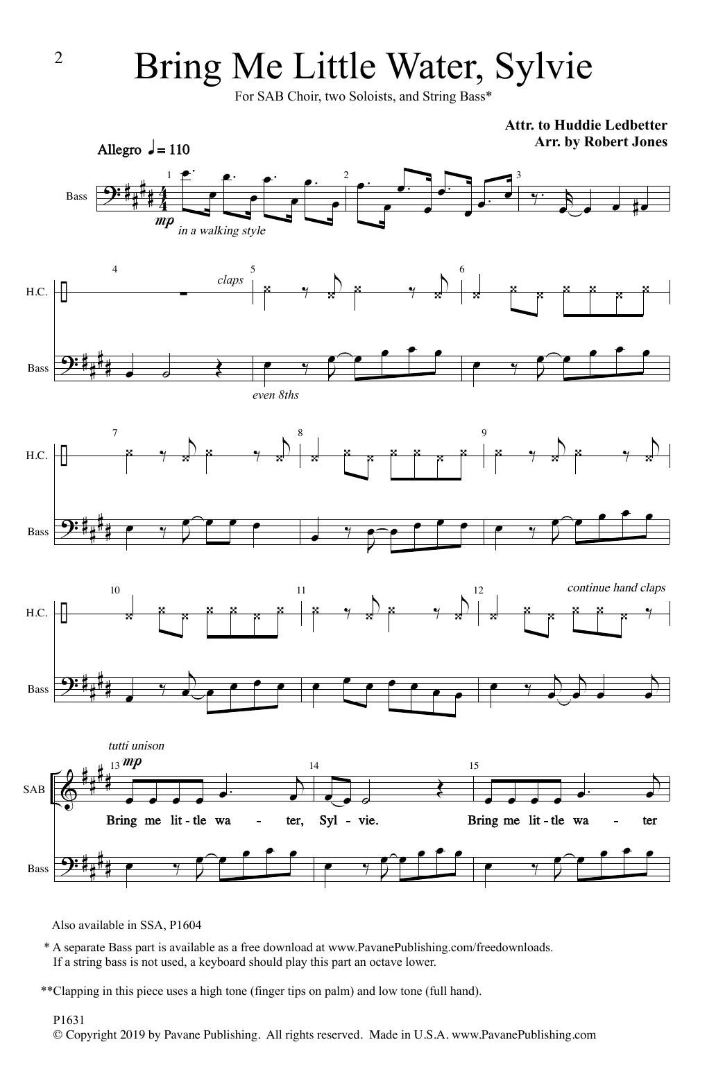 Download Huddie Ledbetter Bring Me Little Water, Sylvie (arr. Robert Jones) Sheet Music and learn how to play SAB Choir PDF digital score in minutes