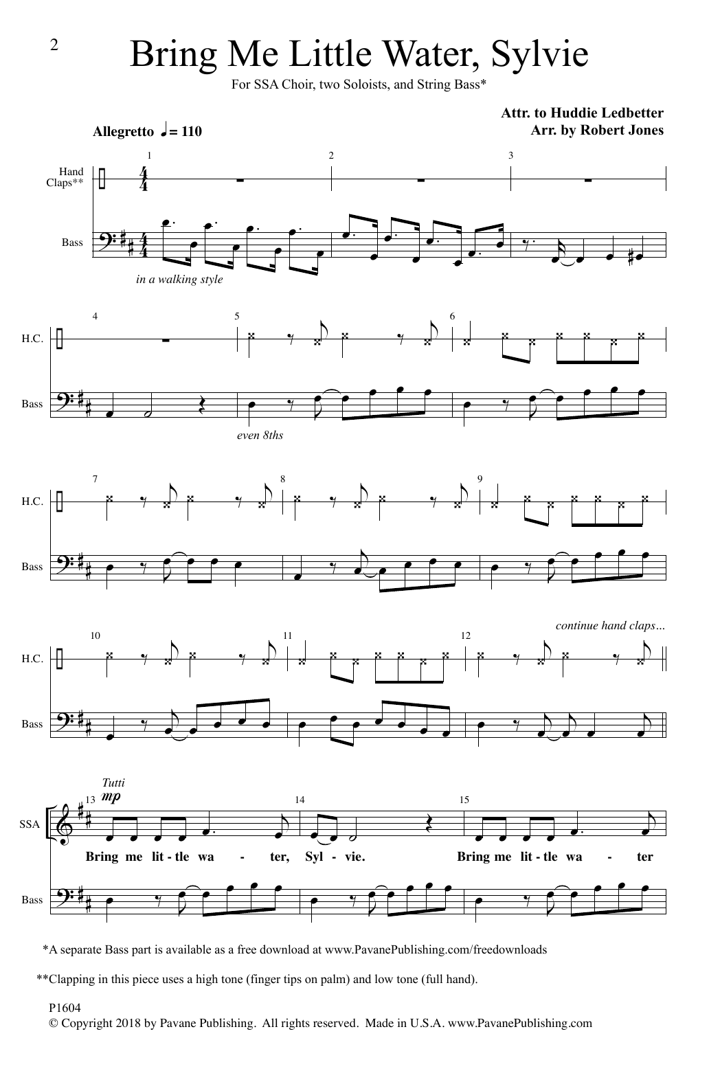 Download Huddie Ledbetter Bring Me Little Water Sylvie Sheet Music and learn how to play SSA Choir PDF digital score in minutes