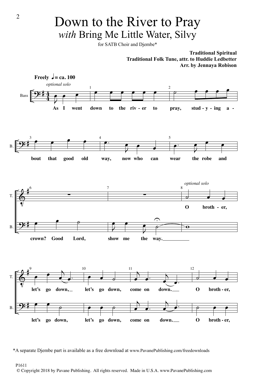 Download Huddie Ledbetter Down To The River To Pray (with Bring Me Little Water, Silvy) (arr. Jennaya Robi Sheet Music and learn how to play SATB Choir PDF digital score in minutes