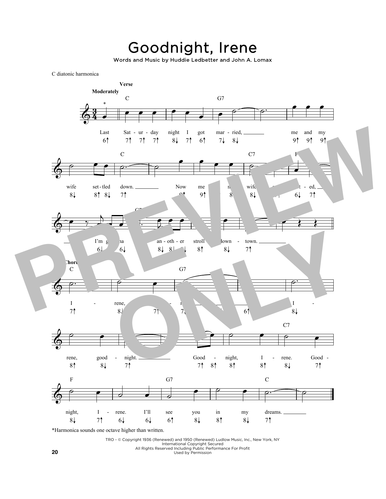 Download Huddie Ledbetter Goodnight, Irene Sheet Music and learn how to play Harmonica PDF digital score in minutes